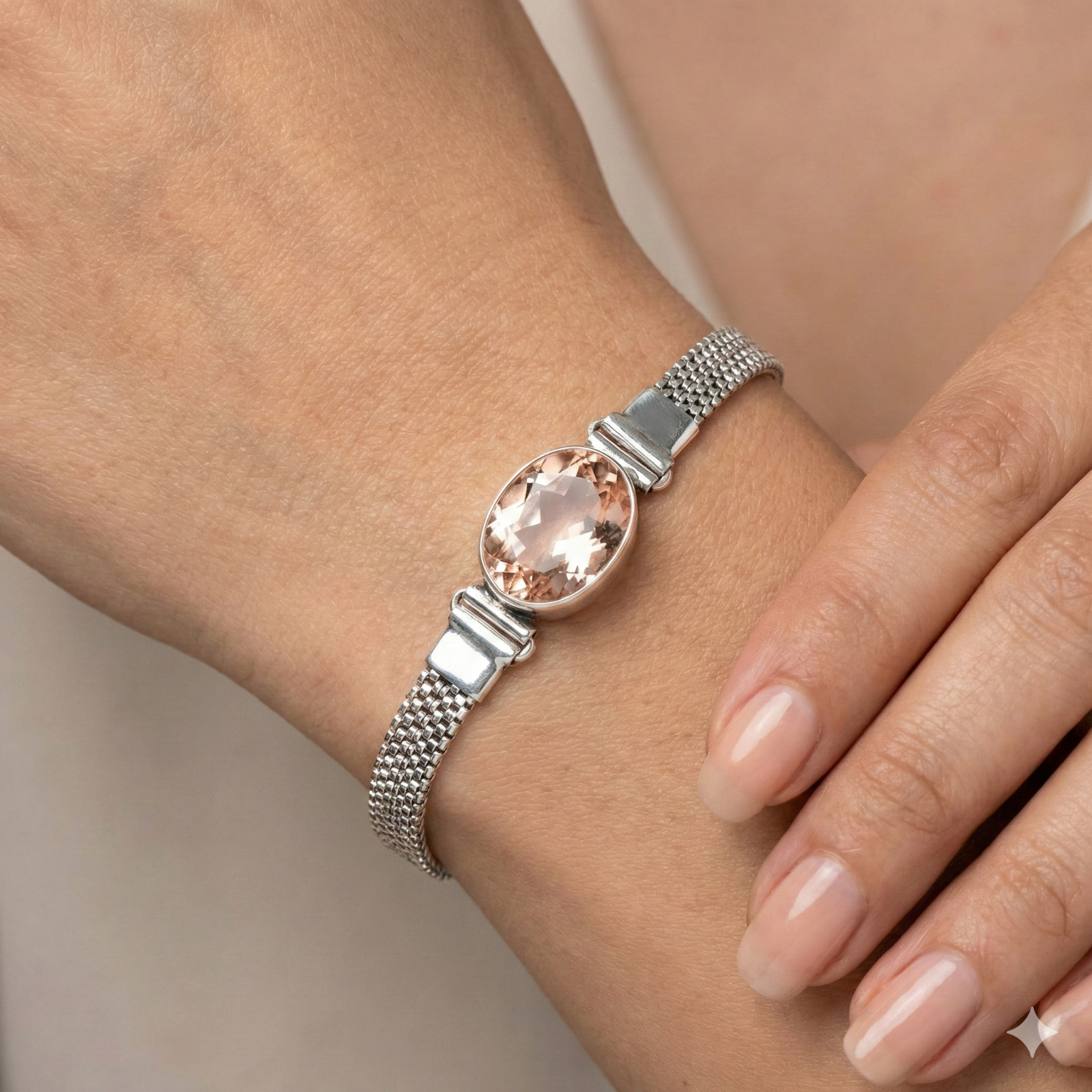 Peach Morganite Gemstone Handmade 925 Sterling Silver Jewelry Chain Bracelet