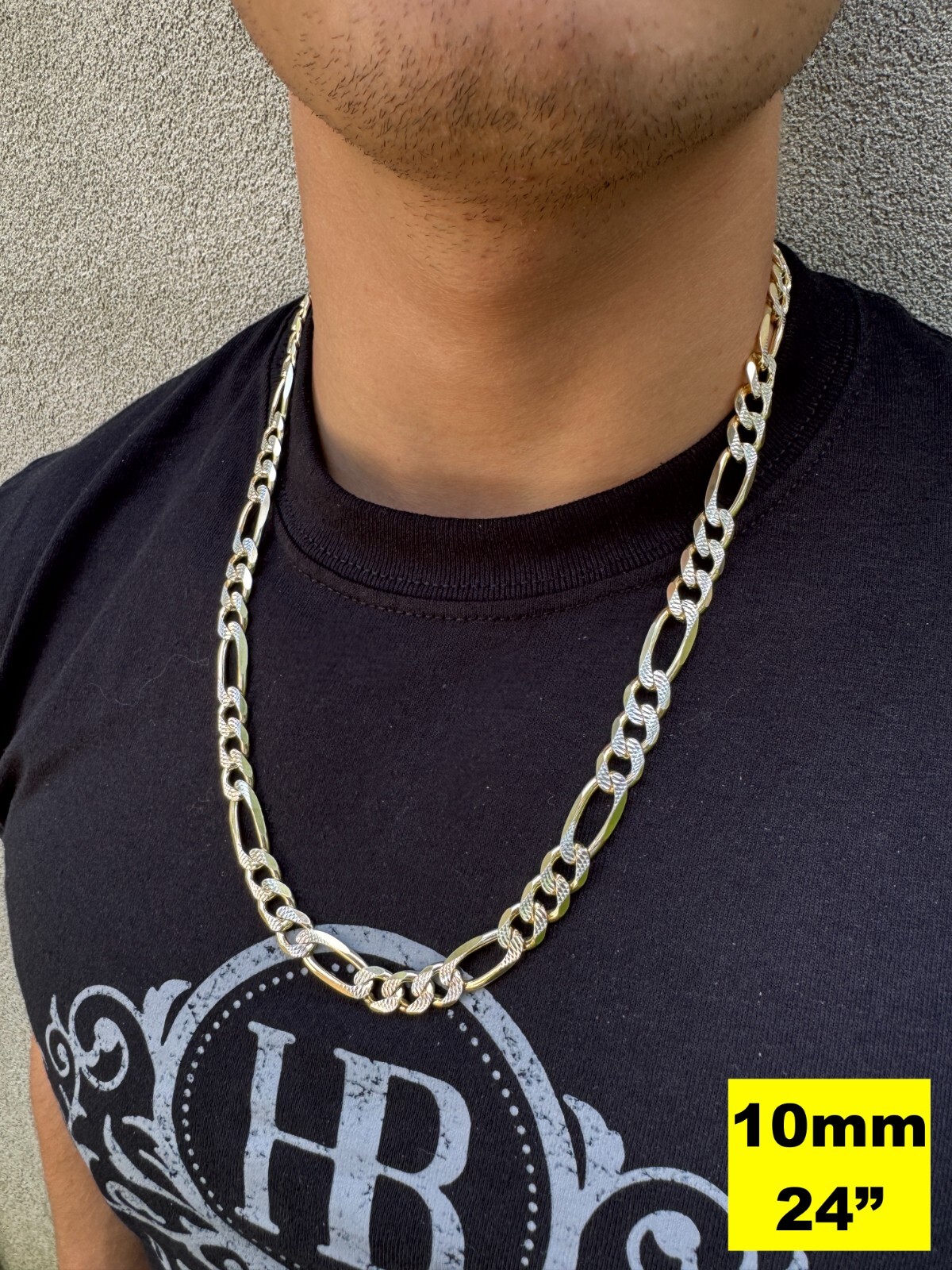 14k Gold Plated Solid 925 Sterling Silver Figaro Link Chain Two Tone Diamond Cut