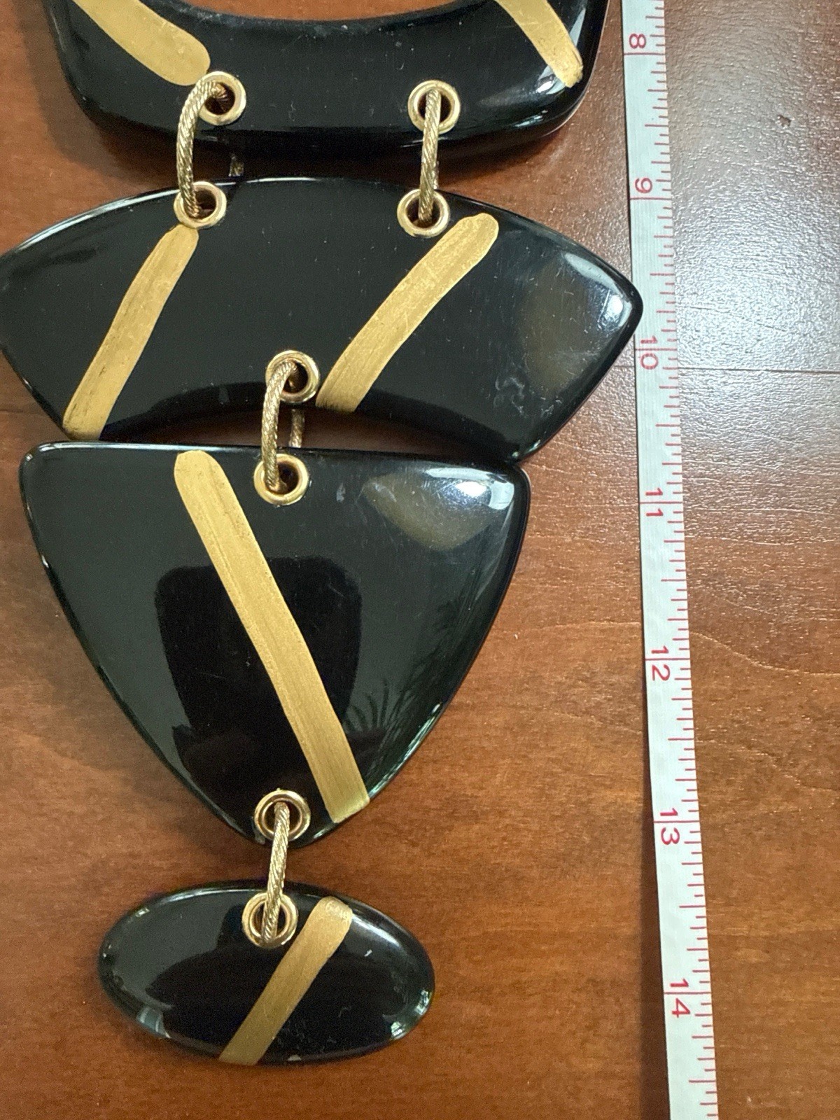 Chico’s Geometric Black Gold Statement Tier Bib Necklace Art Deco Chunky Bold
