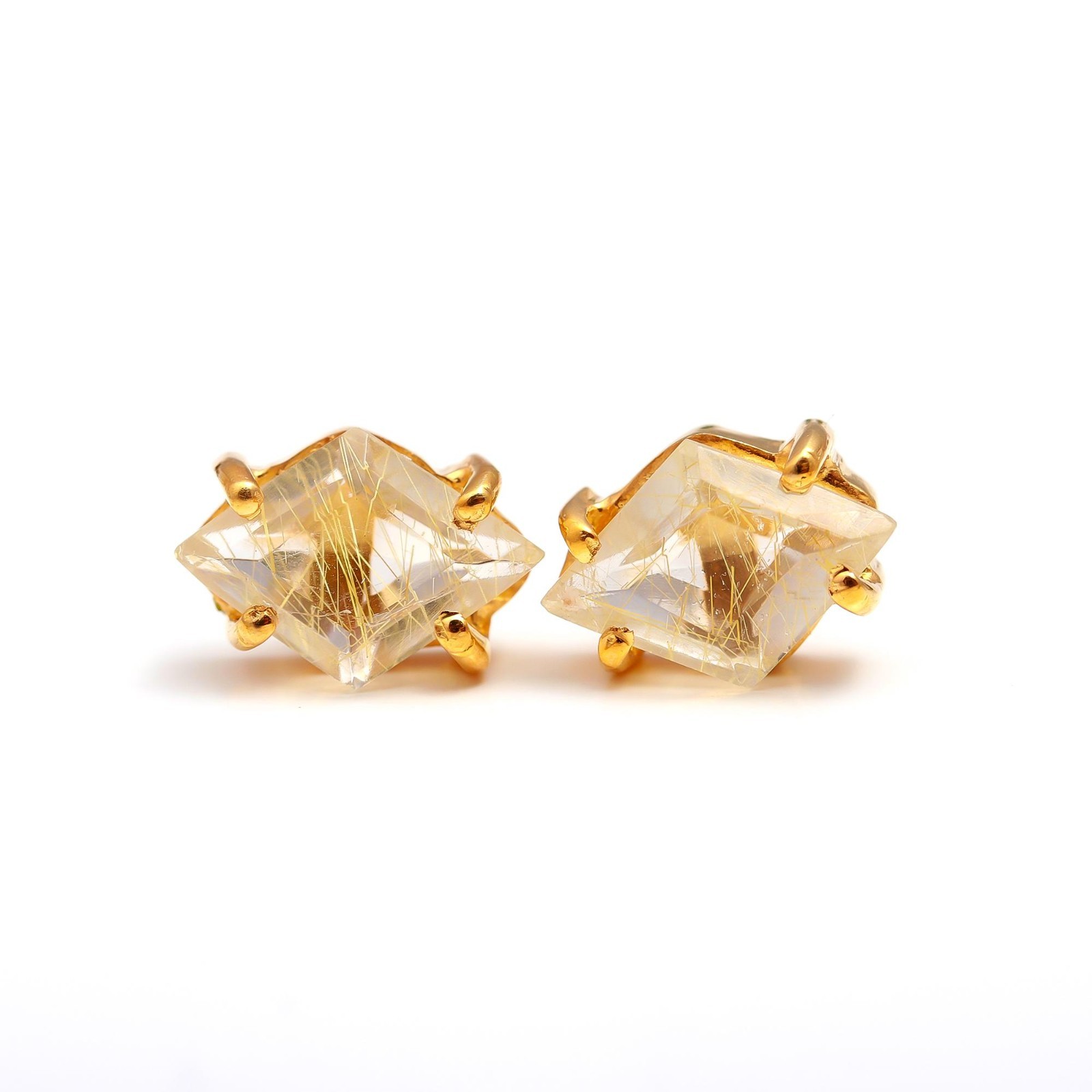 Natural Golden Rutile Kite Stud Earrings Gold Fill 925 Sterling Silver Jewelry