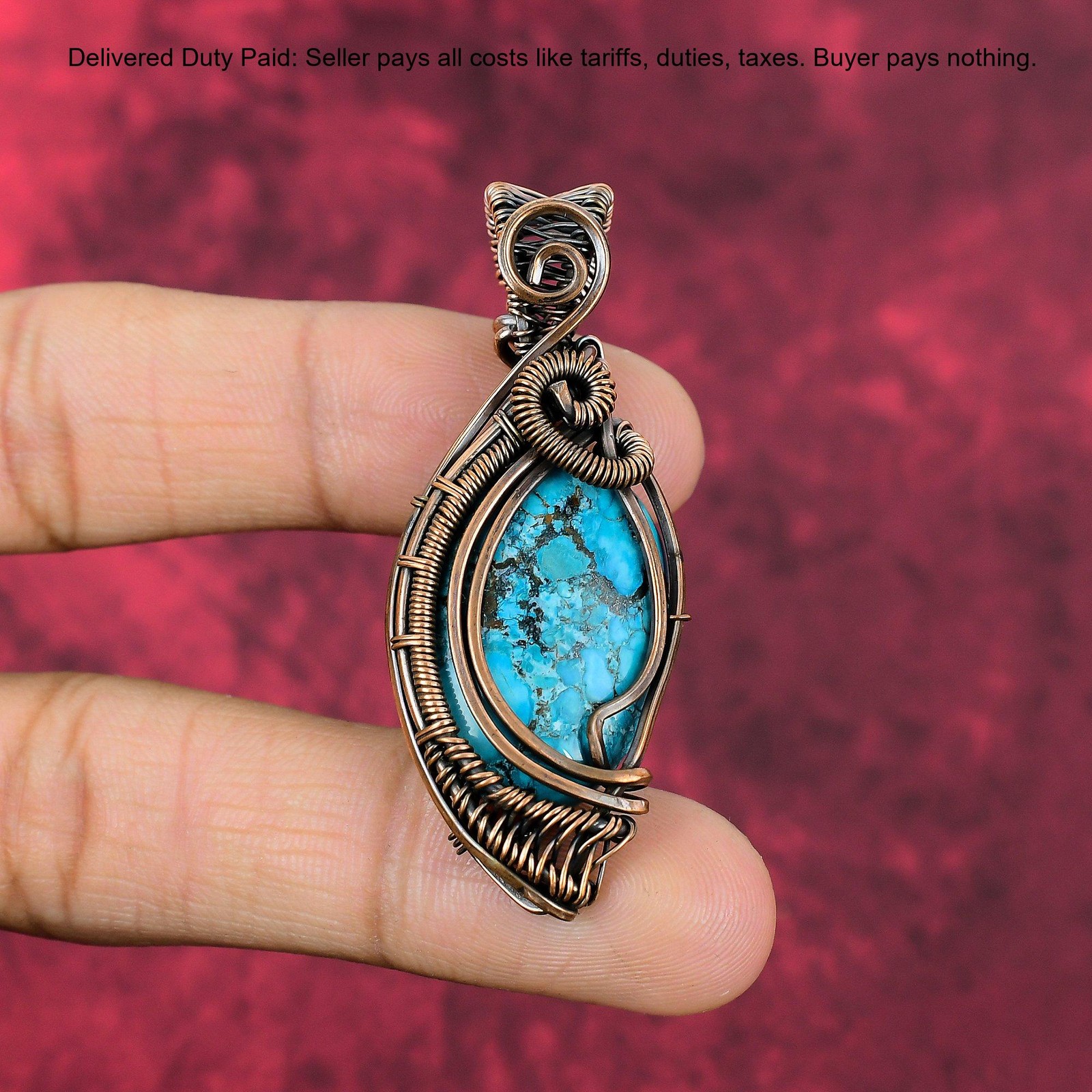 Tibetan Turquoise Stone Copper Wedding Wire Wrapped Engagement Pendant Jewelry