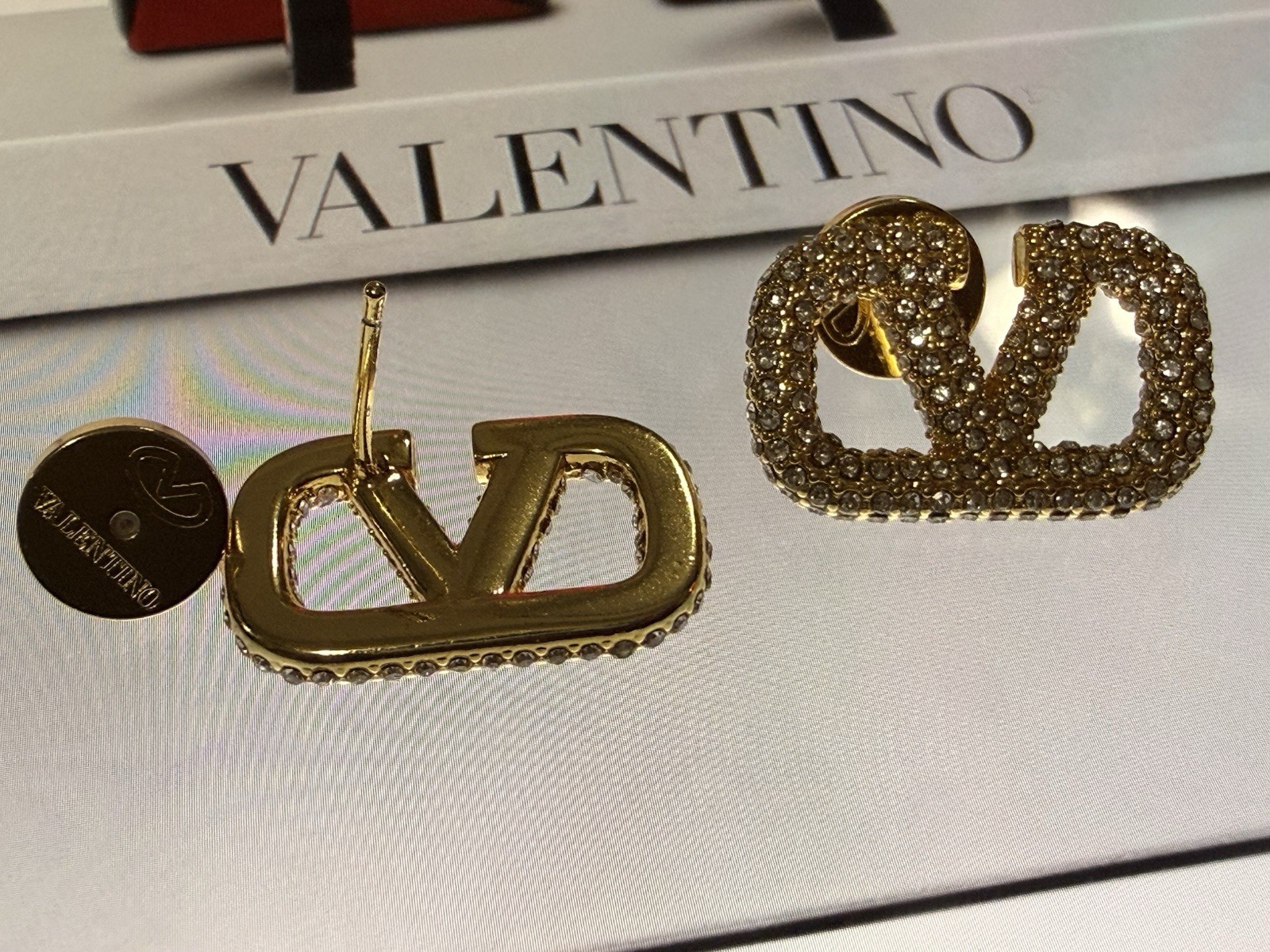 Valentino VLogo Pavé Crystal Gold Tone Stud Earrings, Butterfly Back Signed