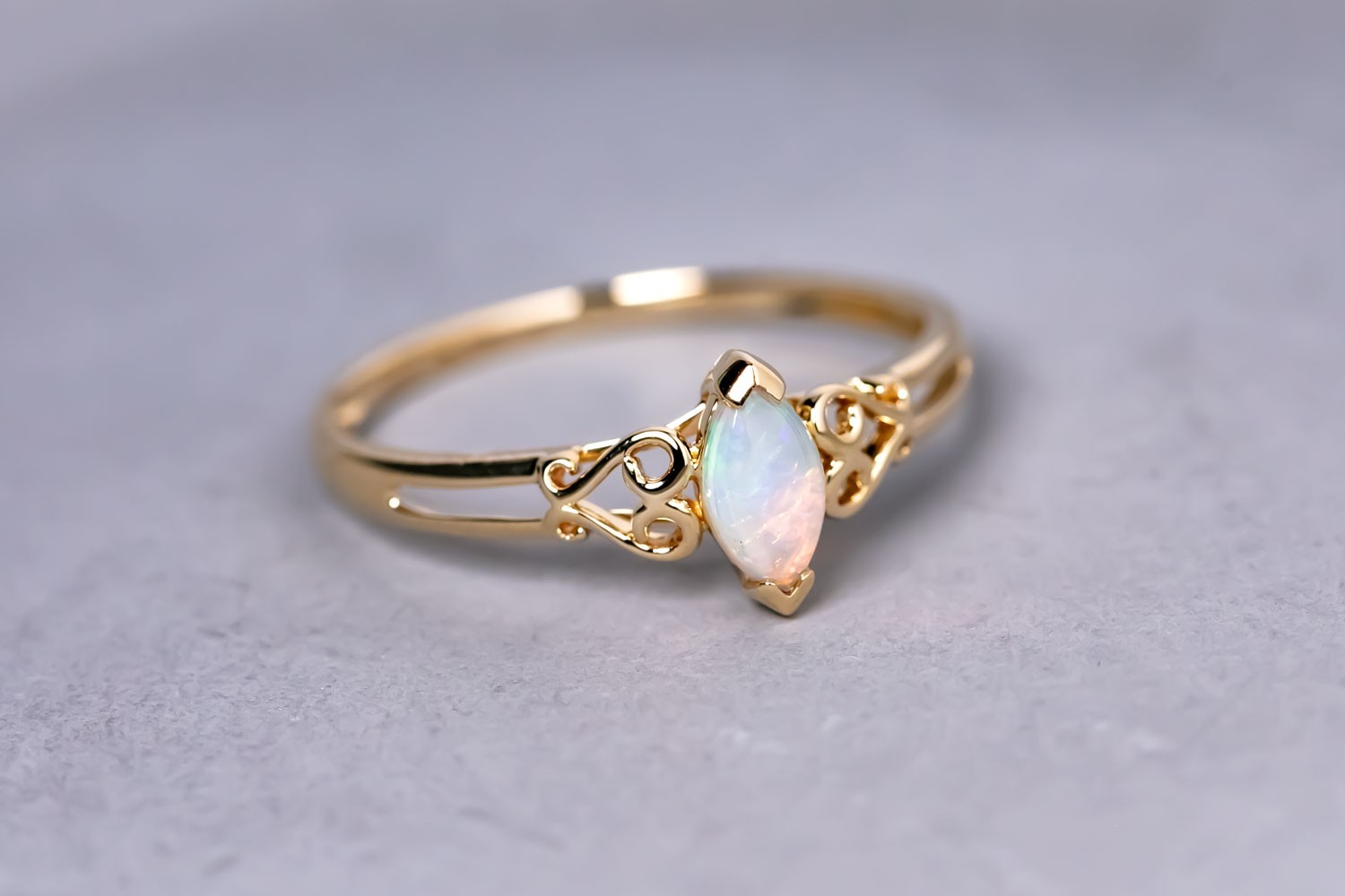 Vintage Inspired Australian Solid Opal Engagement Wedding Ring 14K Yellow Gold