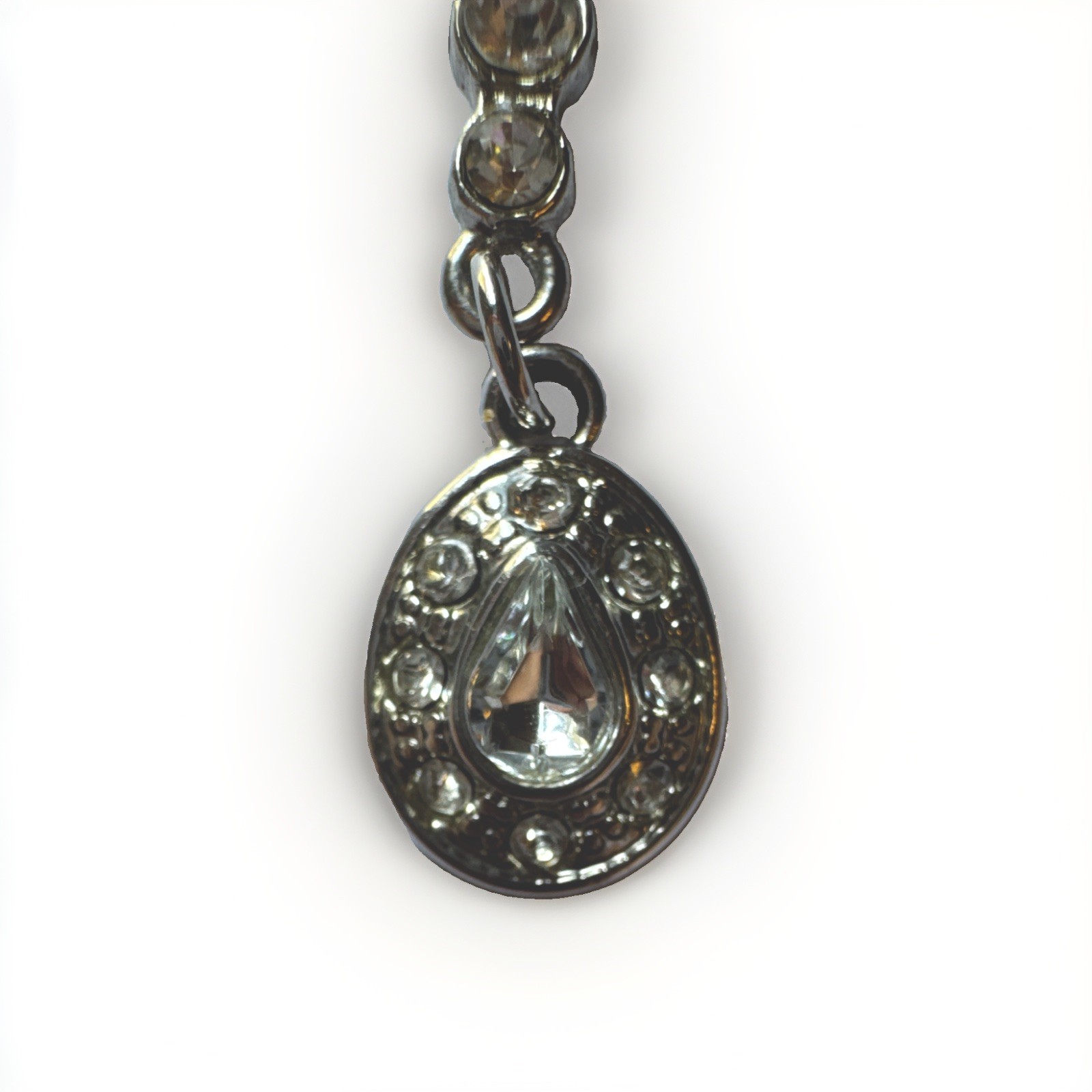 Silver Tone Teardrop Crystal Rhinestone Pendant Necklace Bezel Cable Chain
