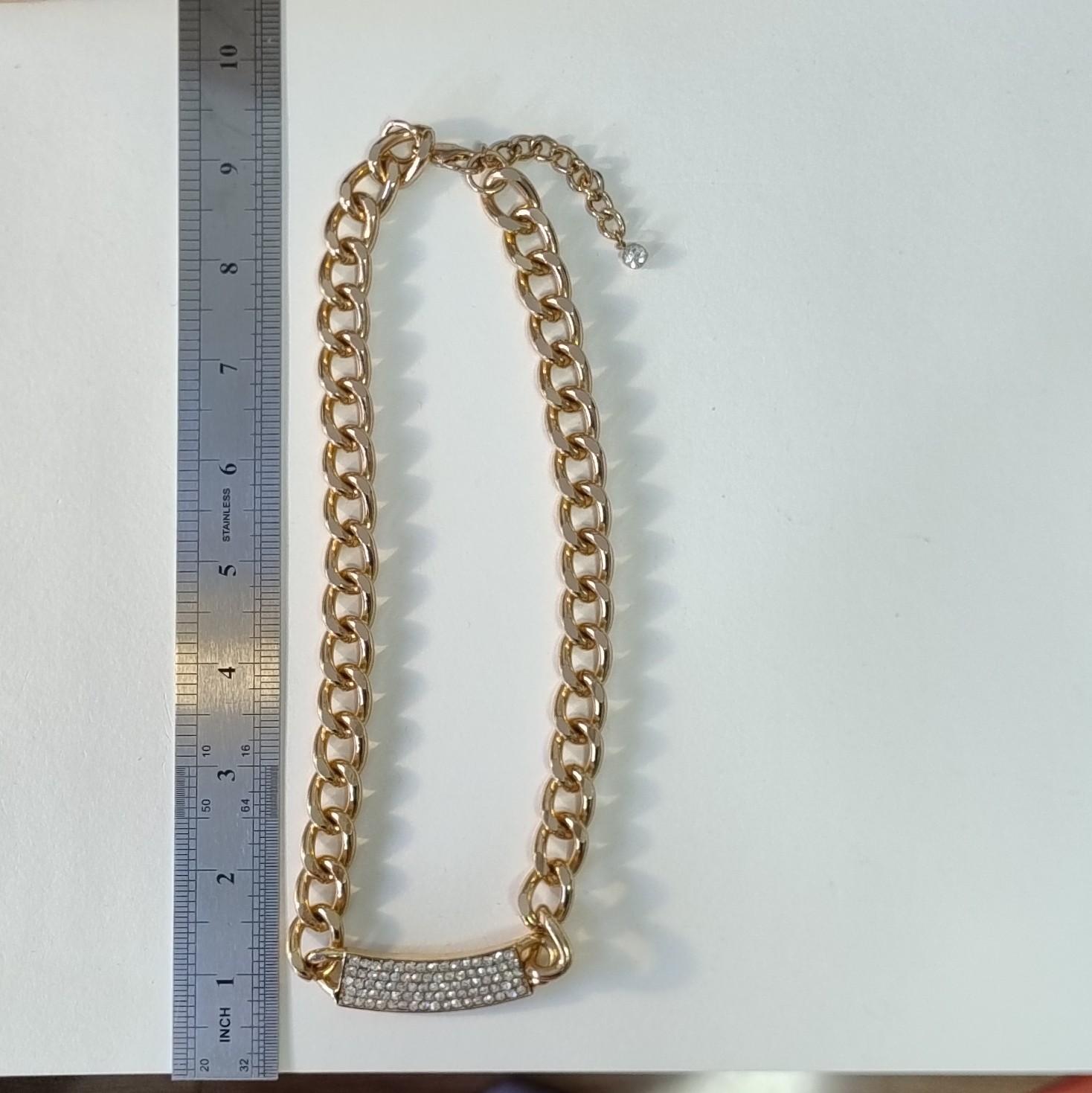 1960s Gold plated Curb Chain Pavé Rhinestone Bar Adjustable Lobster Clasp 9in