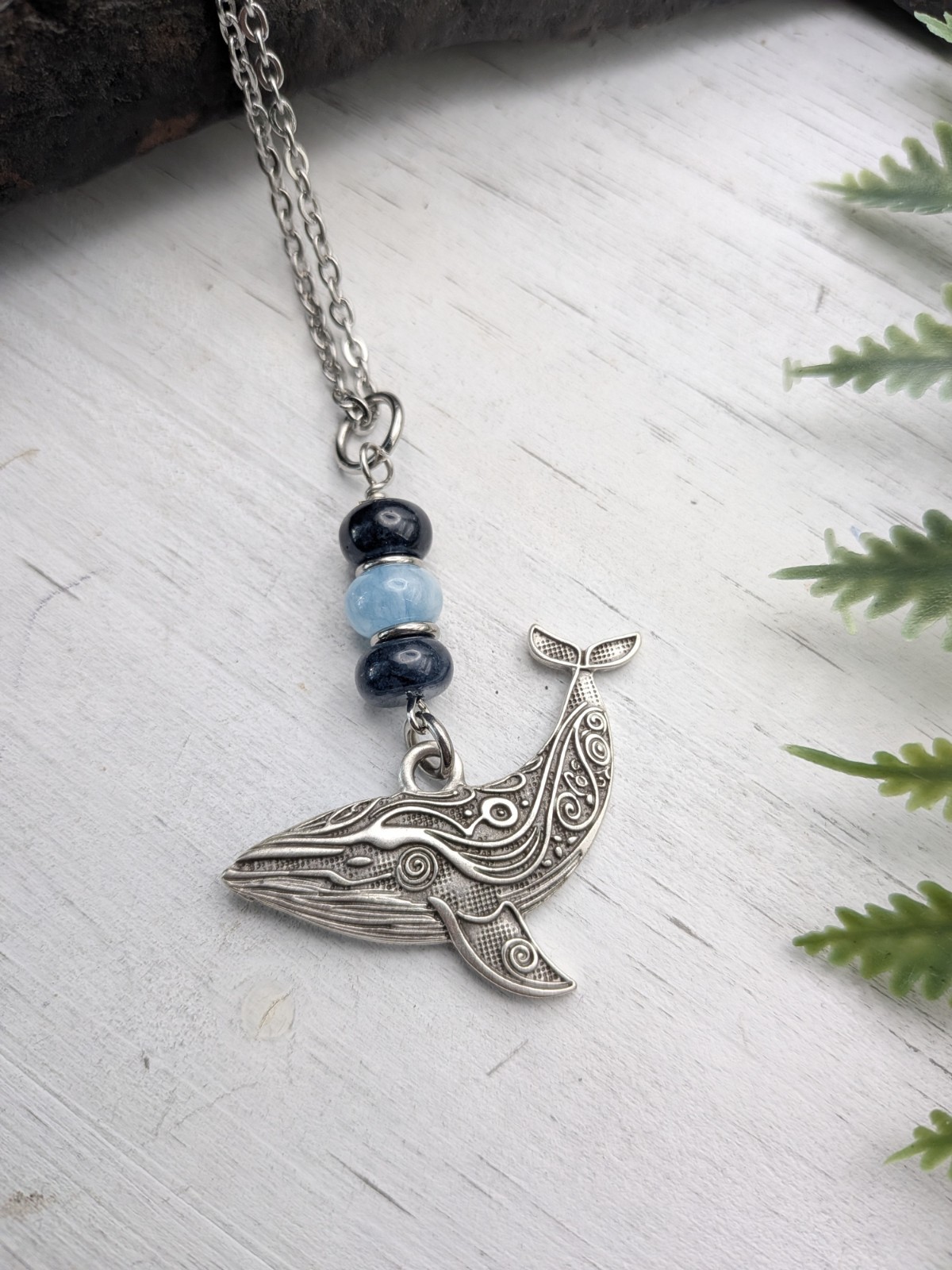Whale Pendant Necklace With Blue Beads / Marine Life / Nature Jewelry