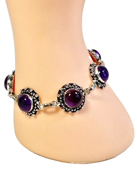 Amethyst Gemstone Bracelet Silver Chain Link Handmade 16.4 grams 7 inch