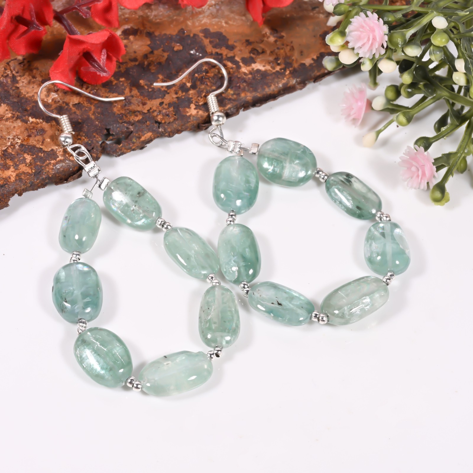 Natural Aqua Kyanite Dangle Earrings Handmade Tumbled Gemstone Beads