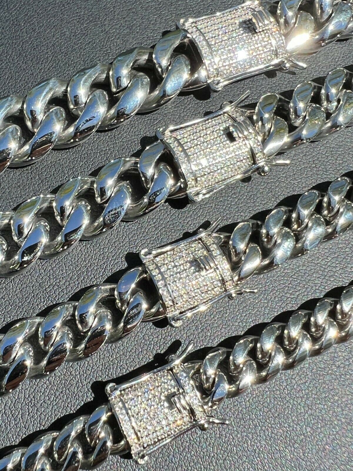 Miami Cuban Link Stainless Steel Chain W. 1ct CZ Iced 925 Silver Clasp 8mm-14mm