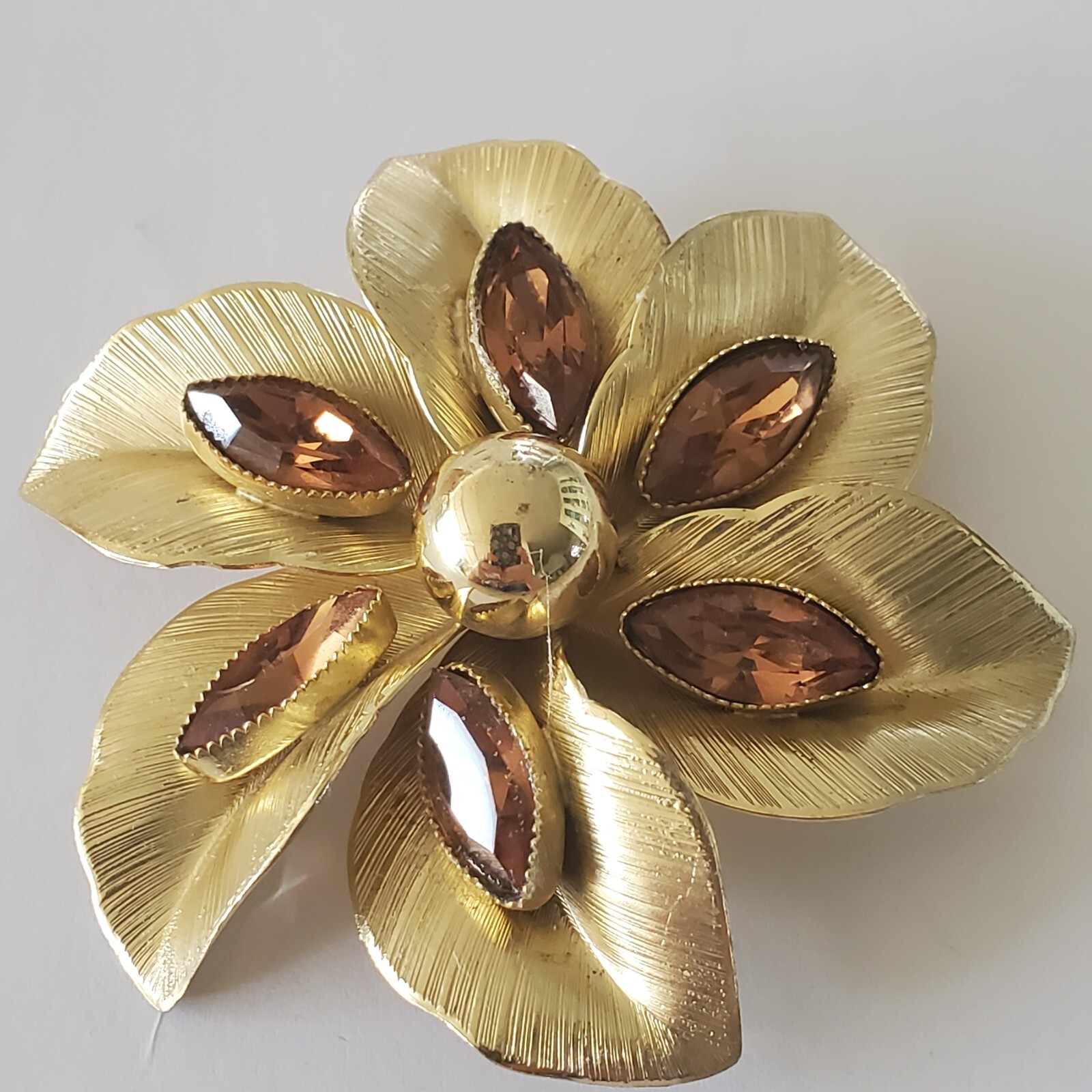 Vintage Gold Tone Satin Brushed Flower w/ Root Beer Rhinestones 2.75″ Brooch Pin