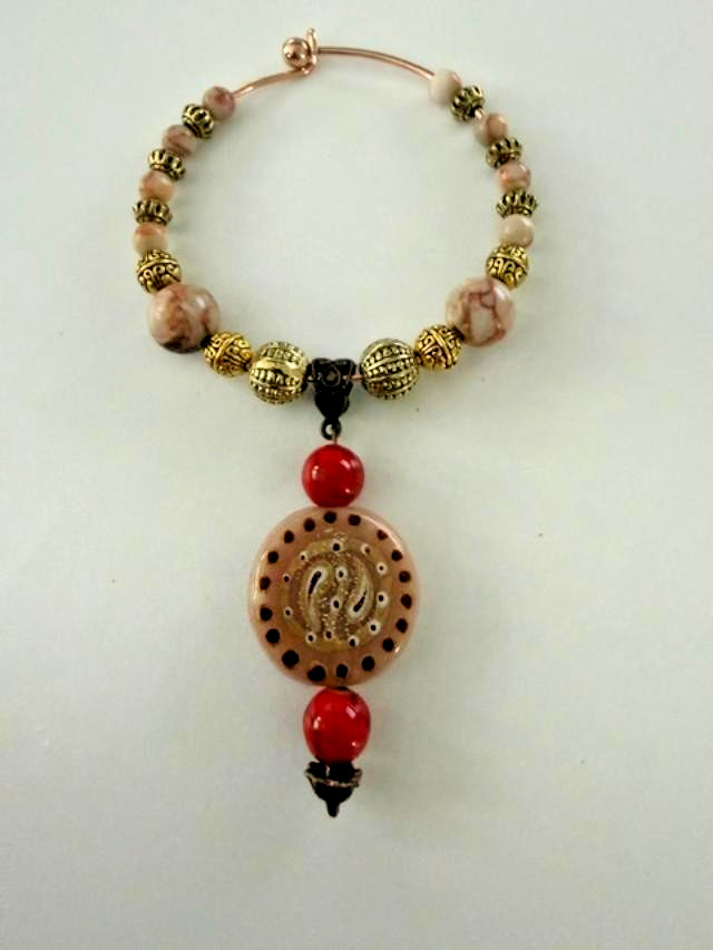 Boho Pink Red Mixed Bead Open Wire Bangle Bracelet Drop Charm 2.5″