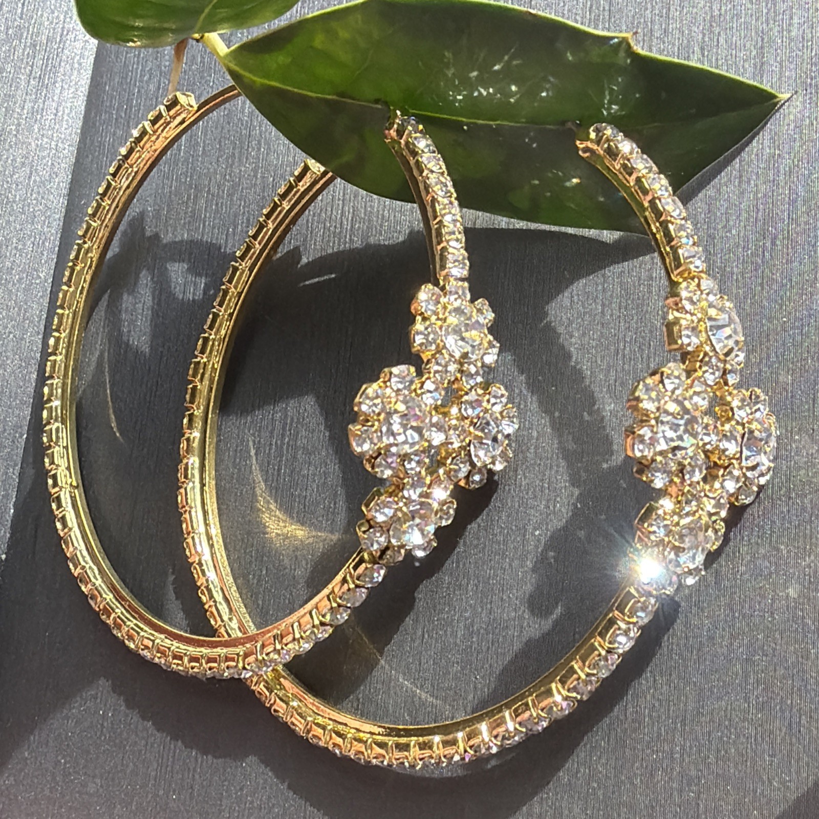 Gold Tone Rhinestone Hoop Earrings Large Statement Floral Cluster 2.5” Glam