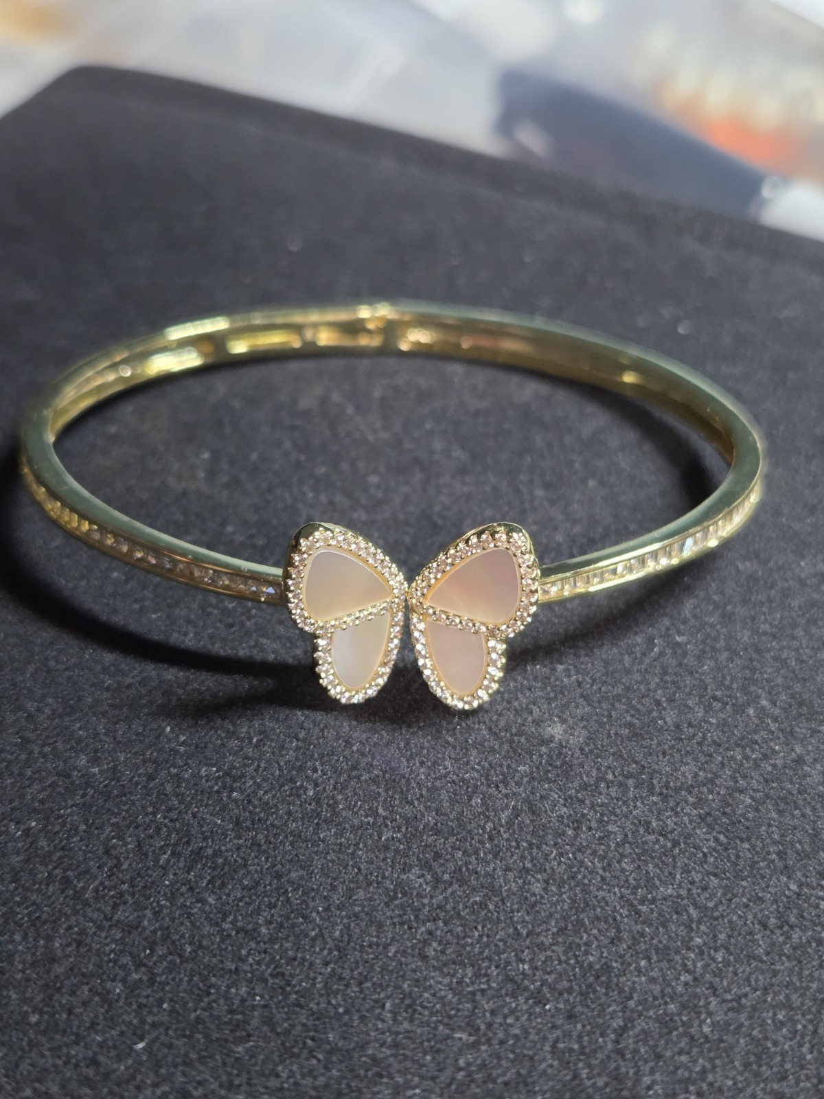 Freida Rothman Family Vault Butterfly MOP CZ Gold Plated Hinged Bangle 6.5″