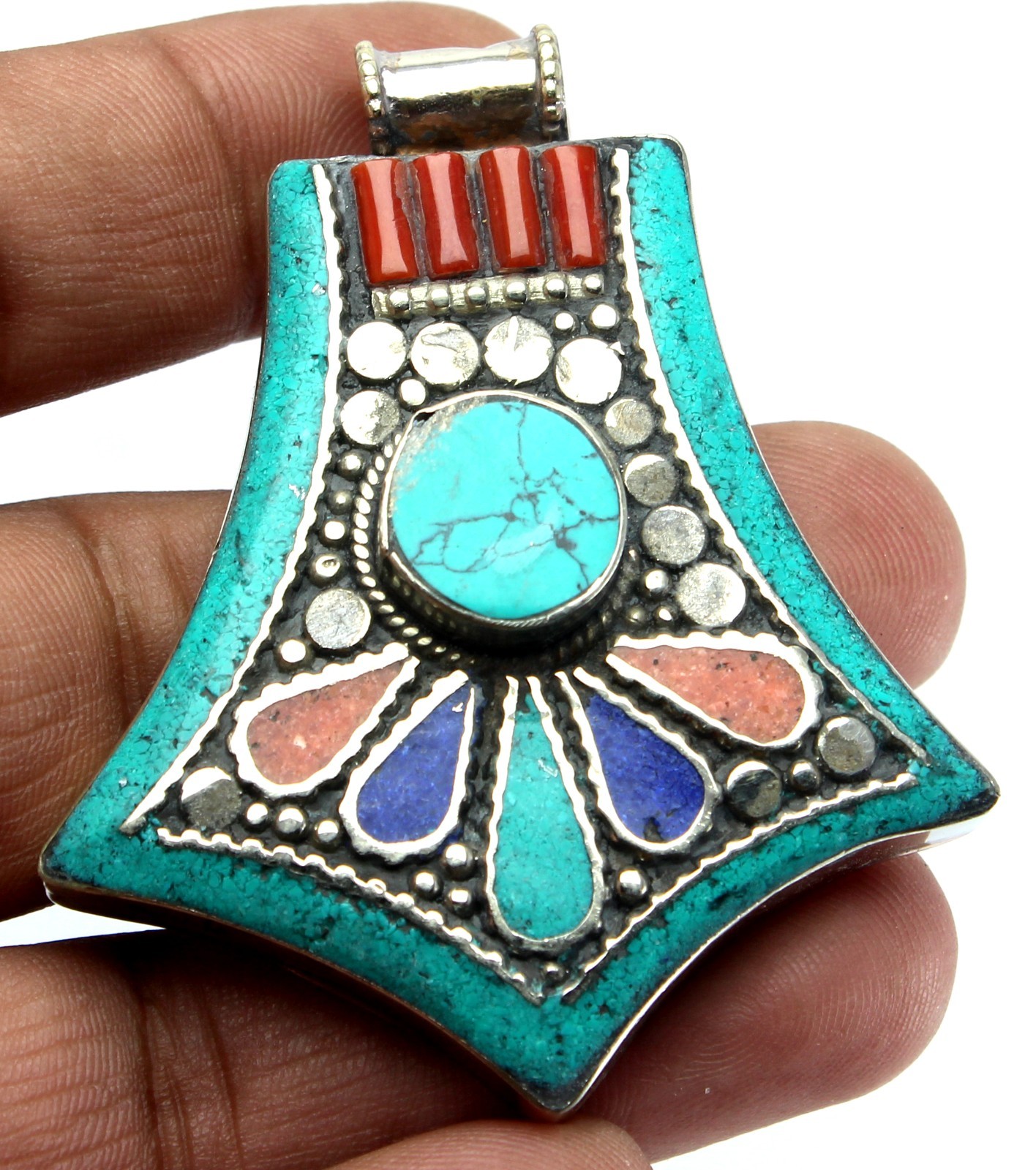 Large Turquoise Coral Blue Statement Fancy Pendant Boho Southwestern Silver Tone