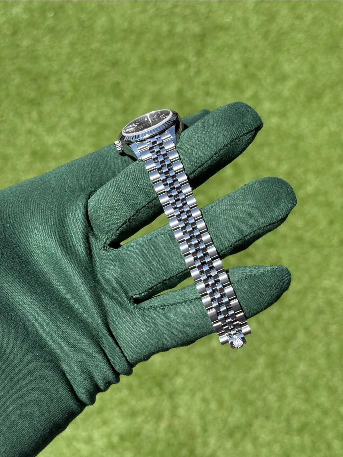 Ladies Rolex Datejust 28 18K WG Fluted Steel Jubilee Dark Grey Dial 279174 Box