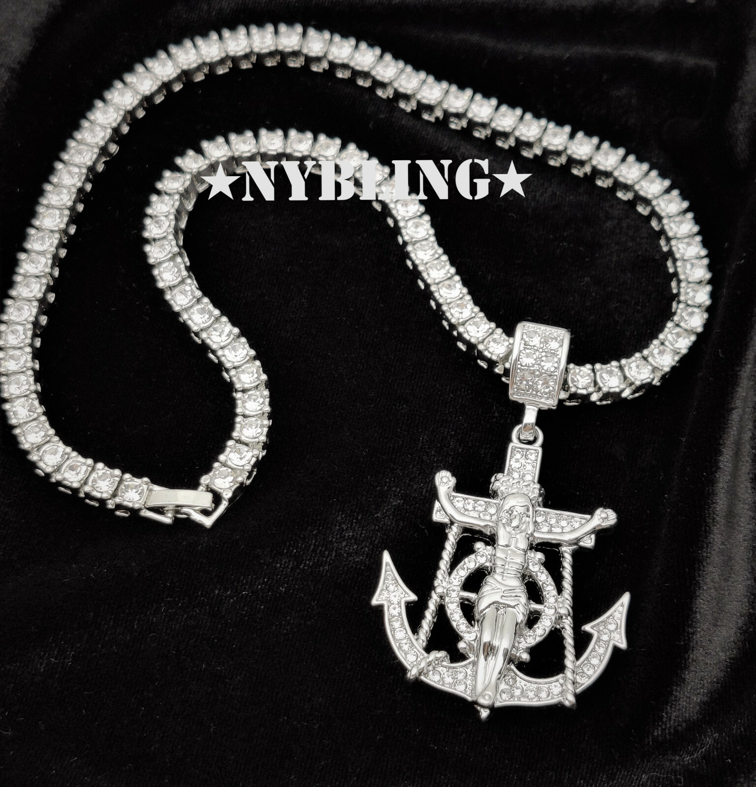 ICED Jesus Anchor Pendant with Tennis Chain Necklace Plated Hip Hop CZ Jewelry