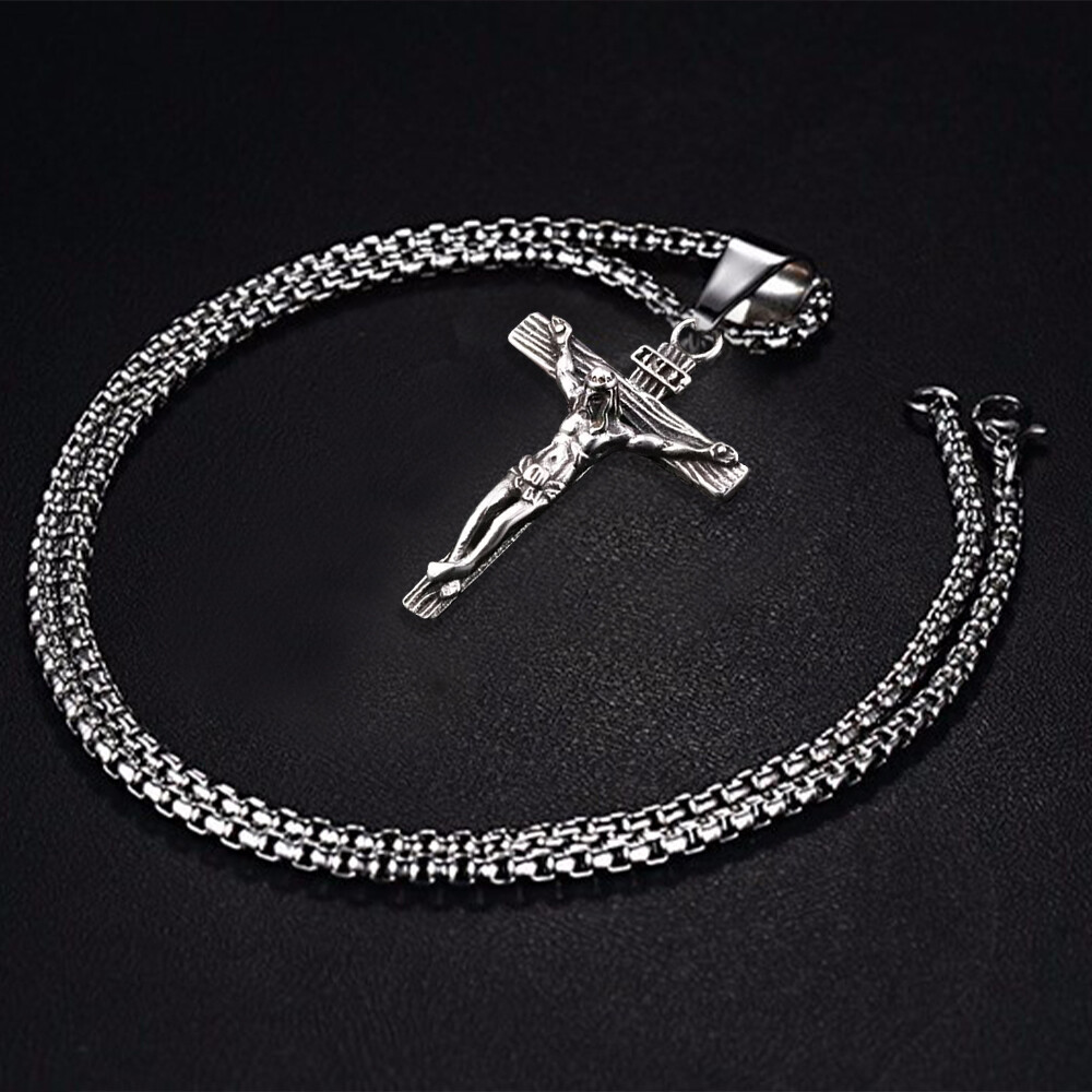 Men Stainless Steel Jesus Christ Crucifix Cross Pendant Chain Necklace