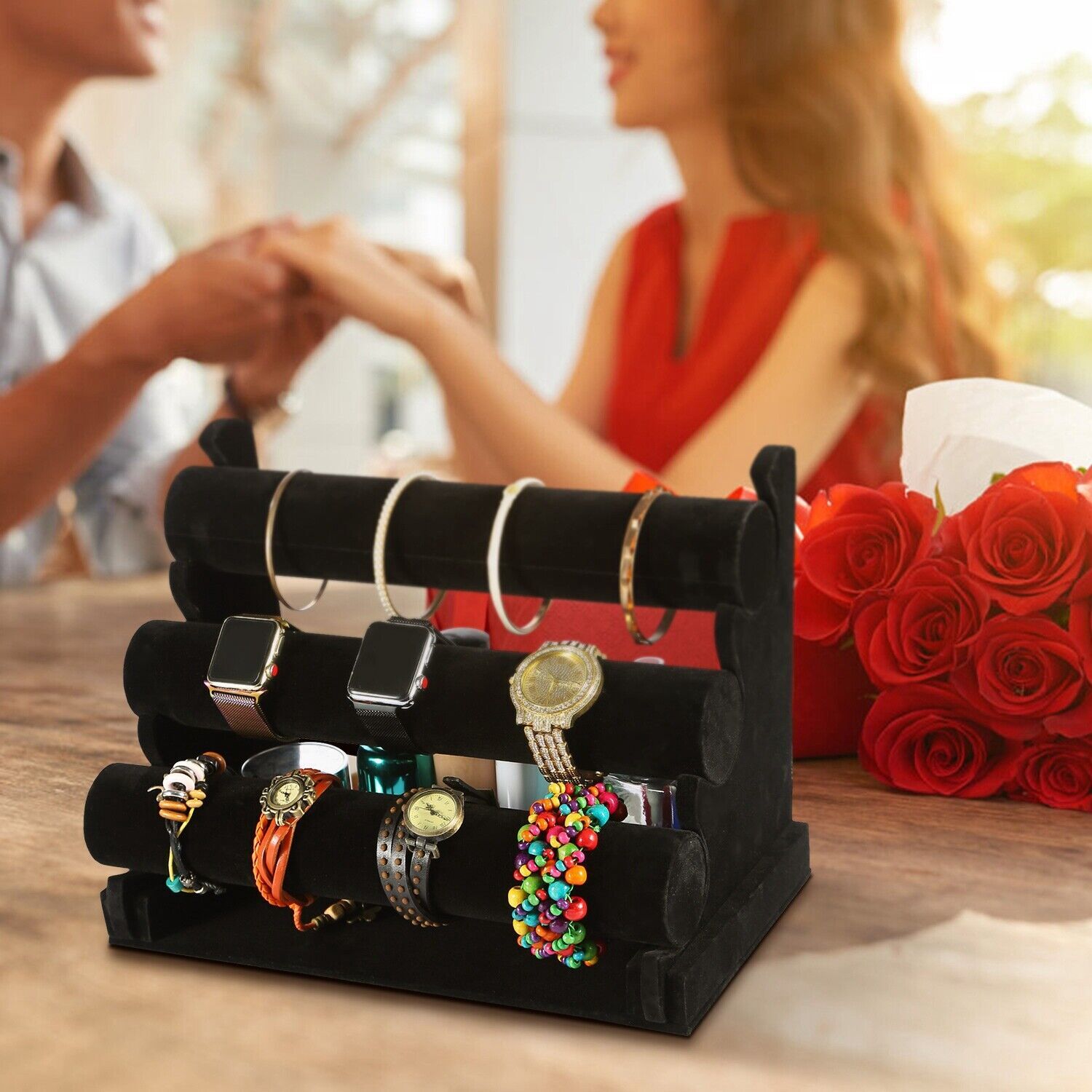 3-Tier Bracelet Display Stand Watch Holder Velvet Jewelry Bangle Rack Organizer