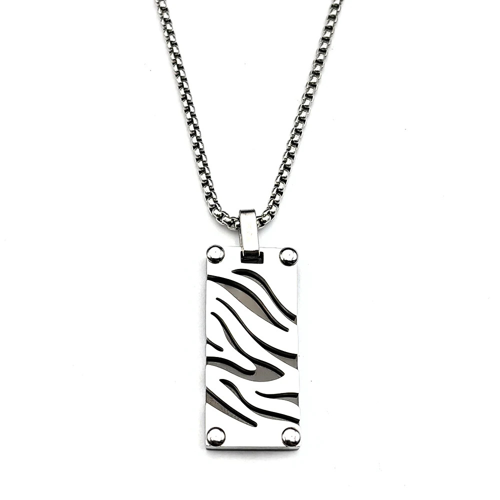 Hip Hop Stainless Steel Two-Tone Hollow Geometric Zebra Print Dog Tag Pendant Ne
