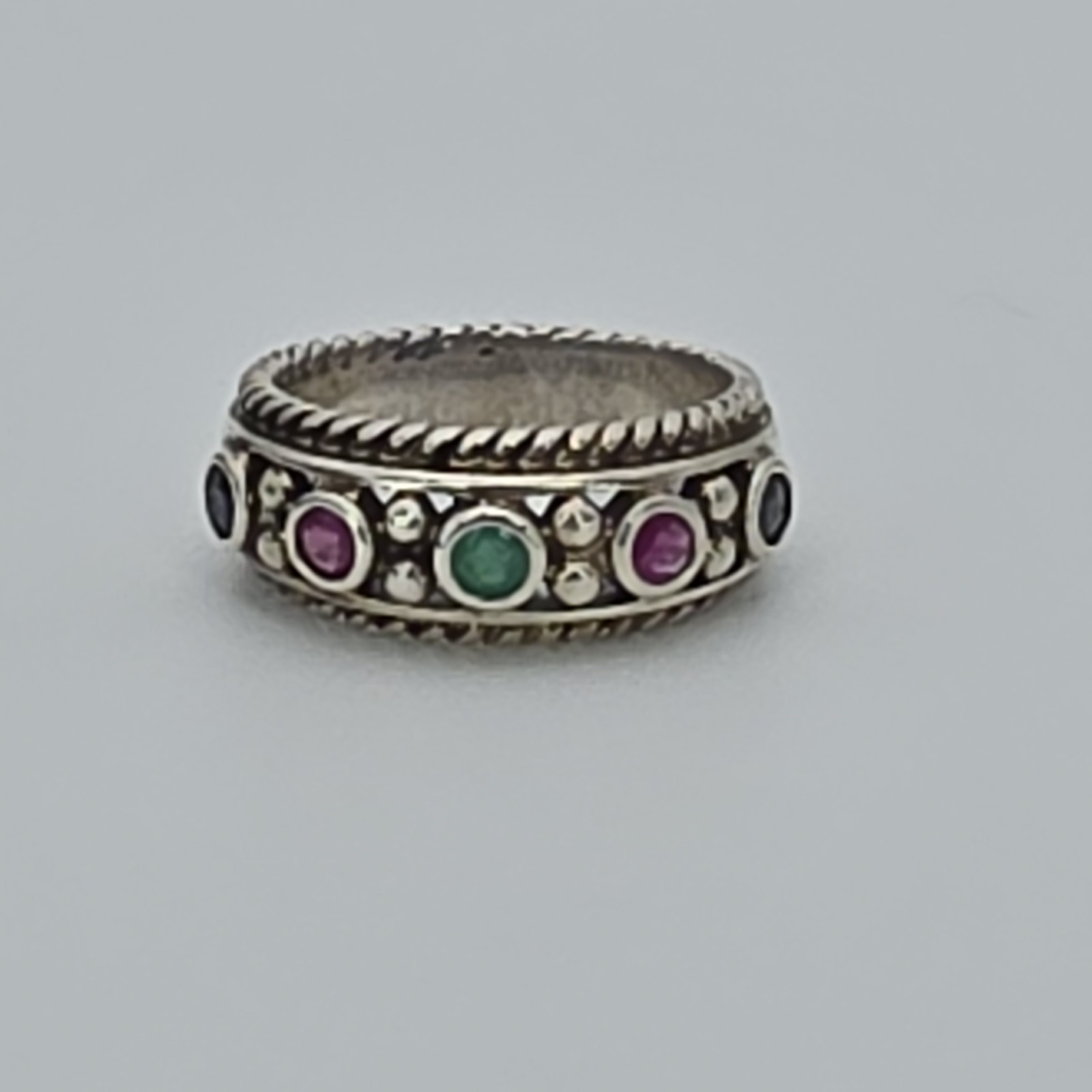 Vtg PRANDA Genuine Ruby Emerald Sapphire Ring 925 Sterling Silver Thailand Sz 8