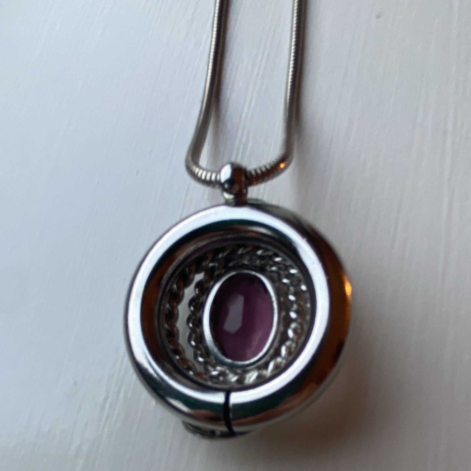 Silver Tone Snake Chain Necklace, Round Charm Pendant, Bezel Purple Oval Stone
