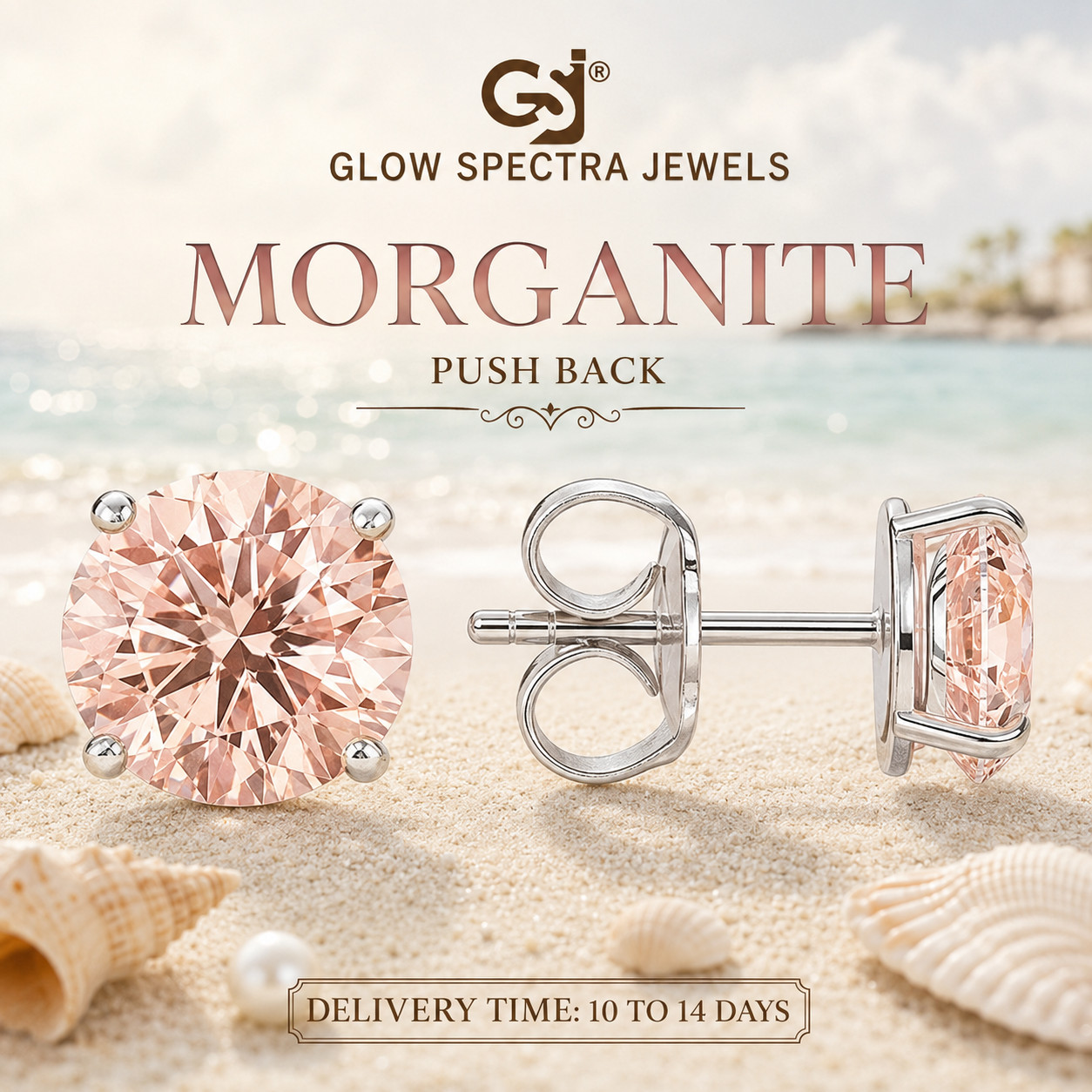 2CT Solitaire Peach Morganite Stone Stud Erring 925 Silver 14k White Gold Plated