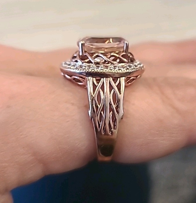 Fuzion Creations Peach Morganite & Diamond Halo Statement Ring Size 7