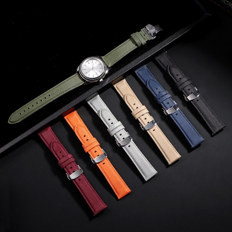 Butterfly Buckle Nylon Leather Watch Strap Canvas Quick Release Wrist Band 20 22