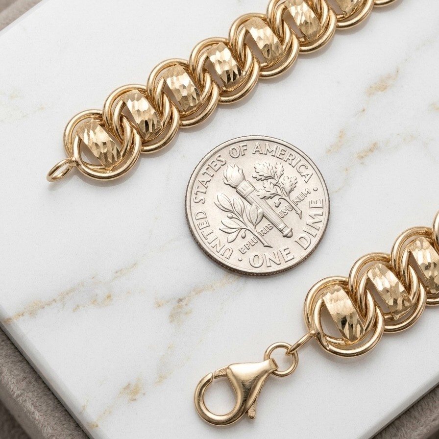 14K Yellow Gold Diamond Cut Railroad Bracelet Double Curb Link 6.75″ – 8″ QVC