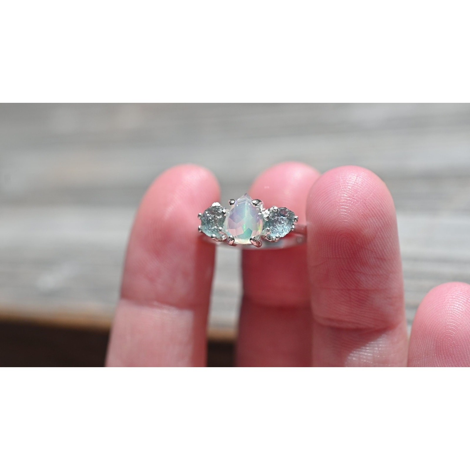 Ethiopian opal and raw Montana sapphire ring, unique opal ring, jewelry for her