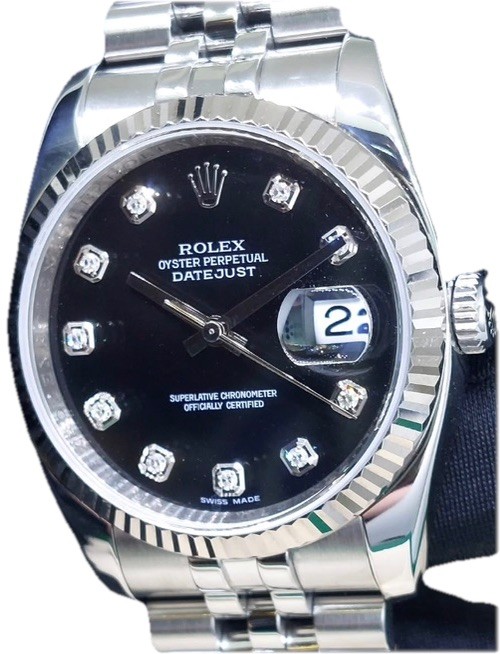 Rolex Datejust Automatic Chronometer Black Dial Diamond Fluted Bezel Date