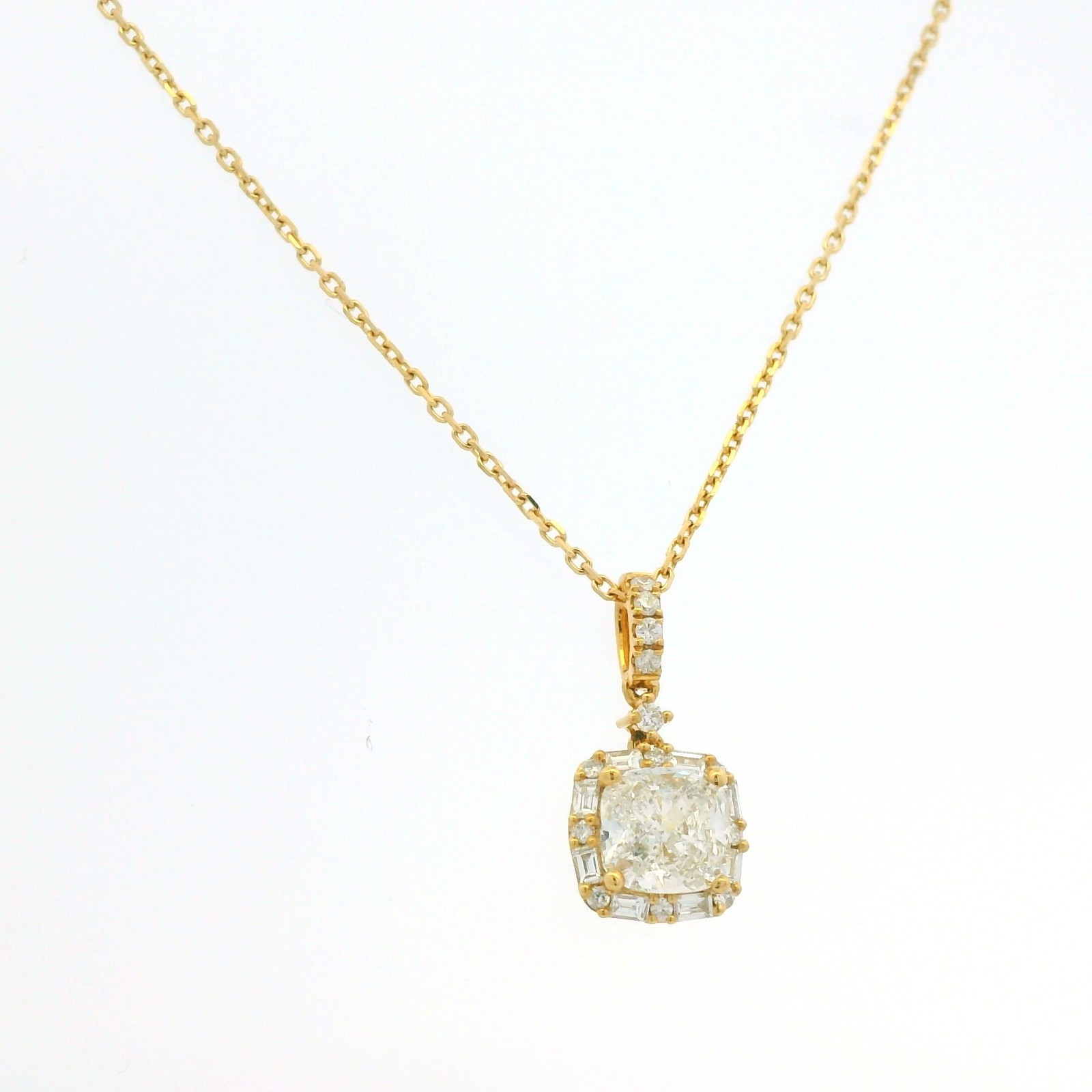GIA 18K Yellow Gold 1.00 Carat Cushion Cut Diamond Halo Pendant Necklace