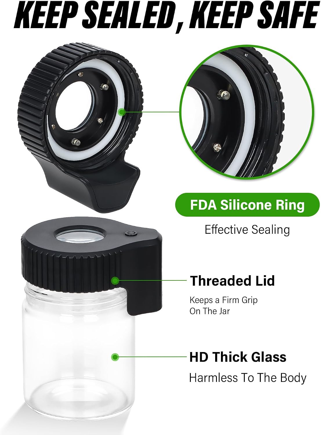 Magnifying Viewing Jar with LED Light, Transparent Light-Up Glass Storage Stash