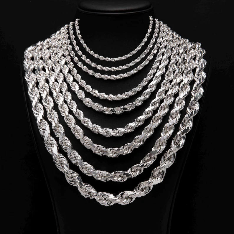 925 Sterling Silver Rope Chain Necklace Bracelet 3-10mm Diamond Cut Rhodium
