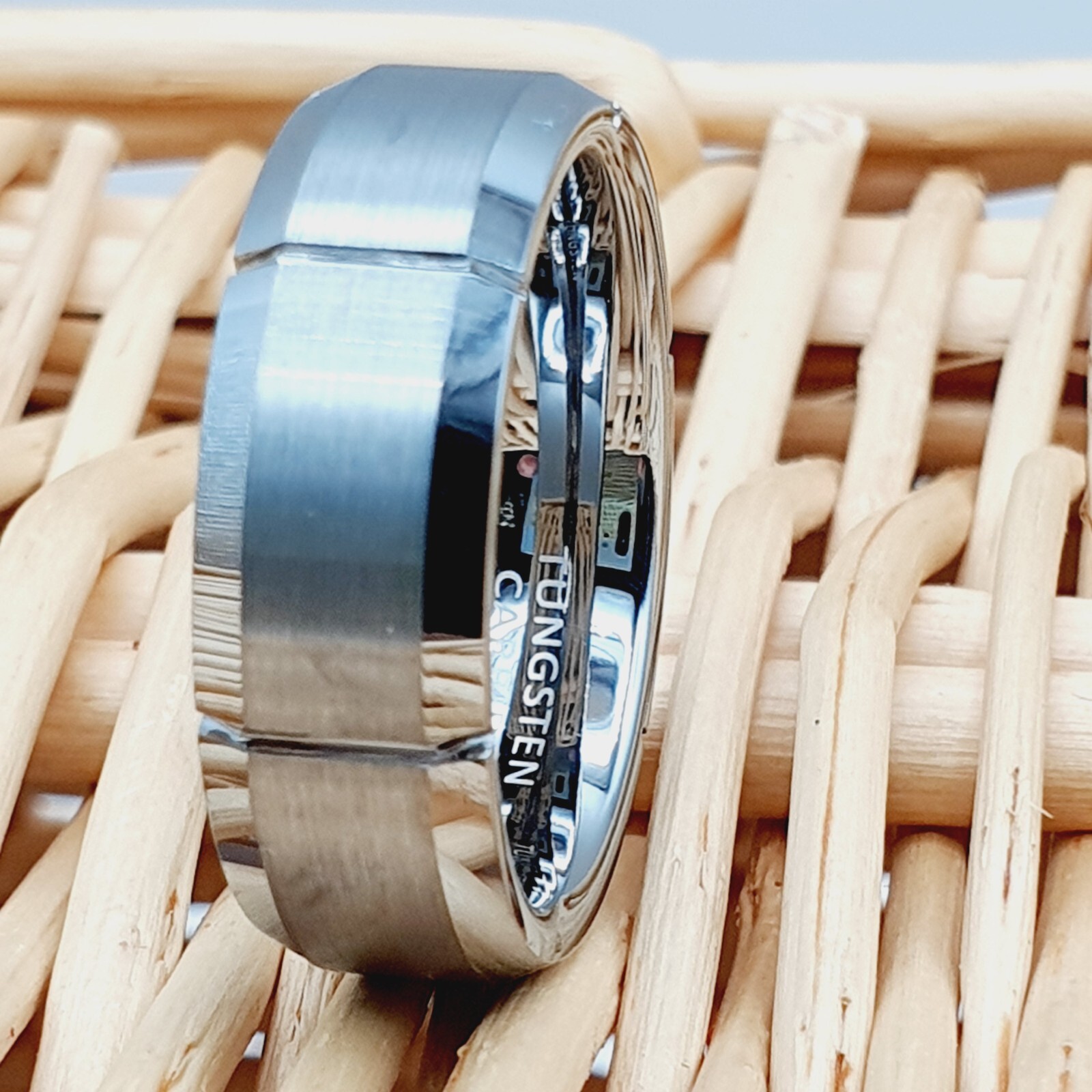 Mens Wedding Band Satin Brushed Ring High Polished Beveled Edges Tungsten Ring