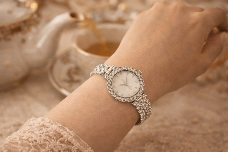 Women’s Silver Rhinestone Bracelet Watch Crystal Bezel Elegant Dress Quartz