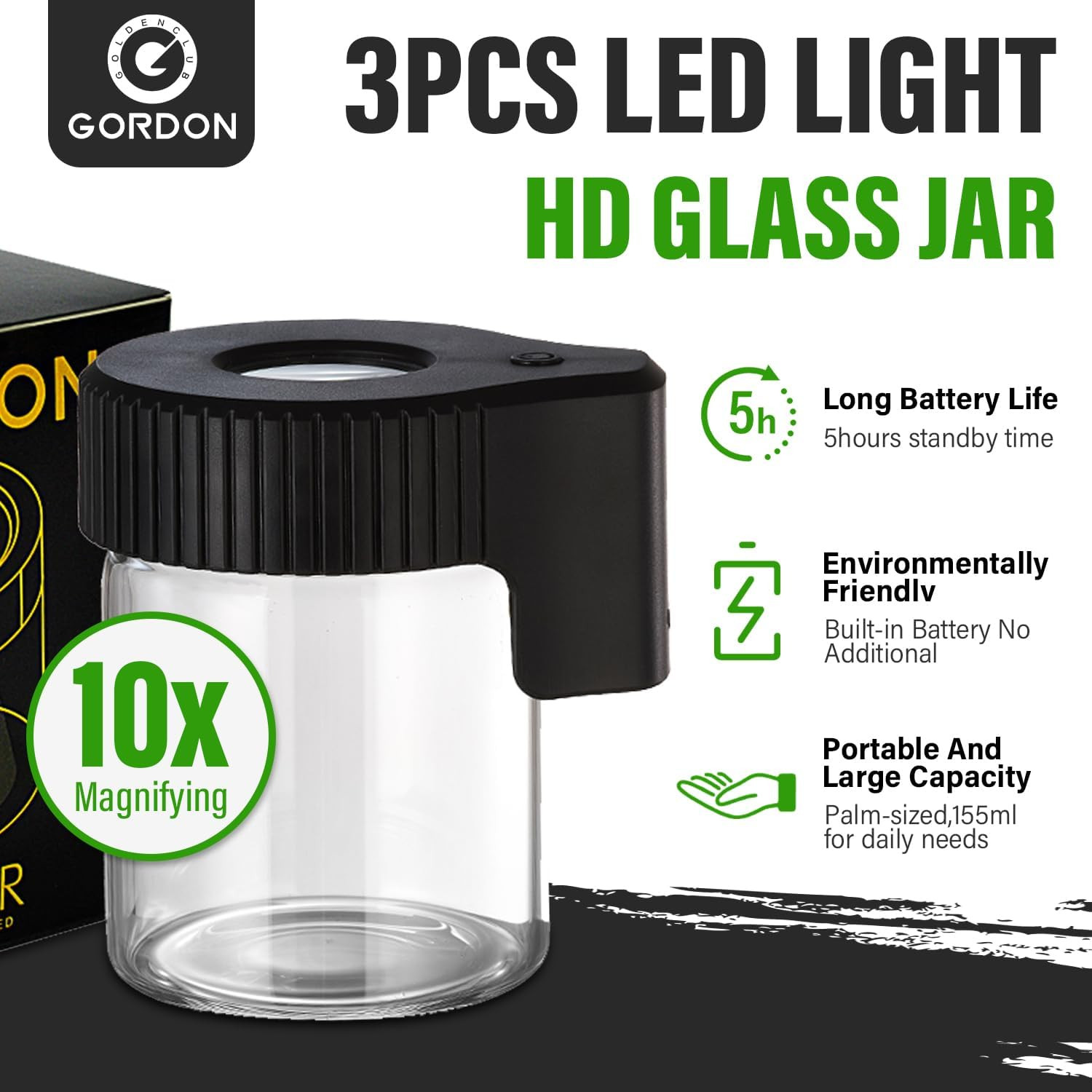 Magnifying Viewing Jar with LED Light, Transparent Light-Up Glass Storage Stash