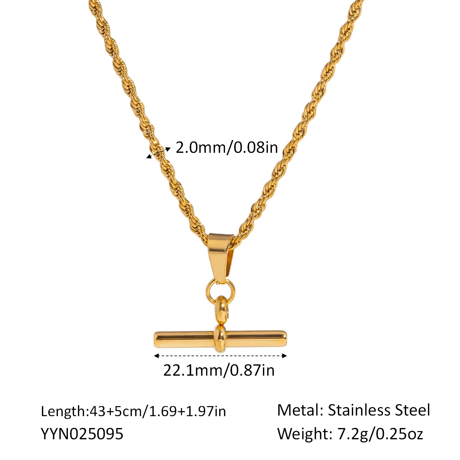 Hip Hop Punk Stainless Steel T-Bar Pendant Fried Dough Twists Chain Cuban Chain