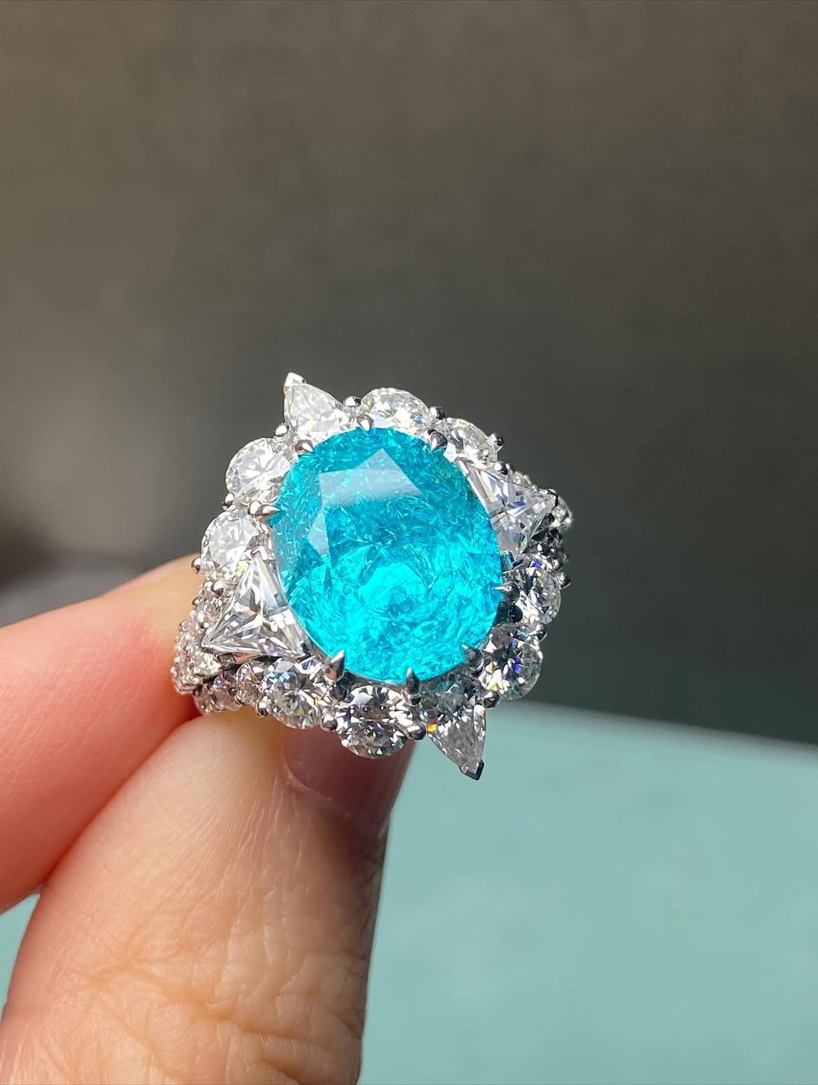 4.45 CT Oval Cut Paraiba Tourmaline & Diamond Engagement Ring 14K White Gold