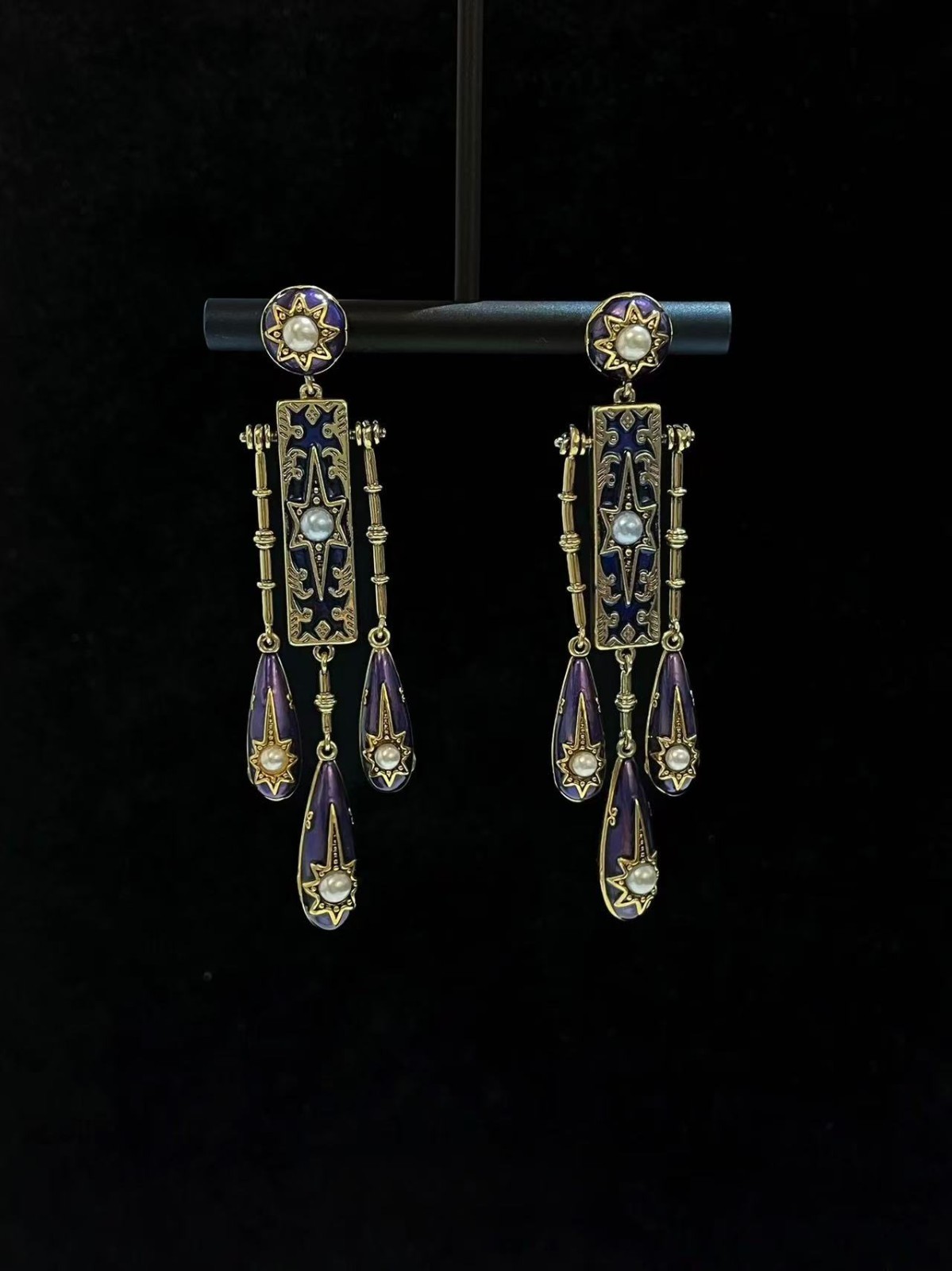 Vintage Blue Enamel Drop Earrings Pearl Gold Tone Dangle Statement Baroque