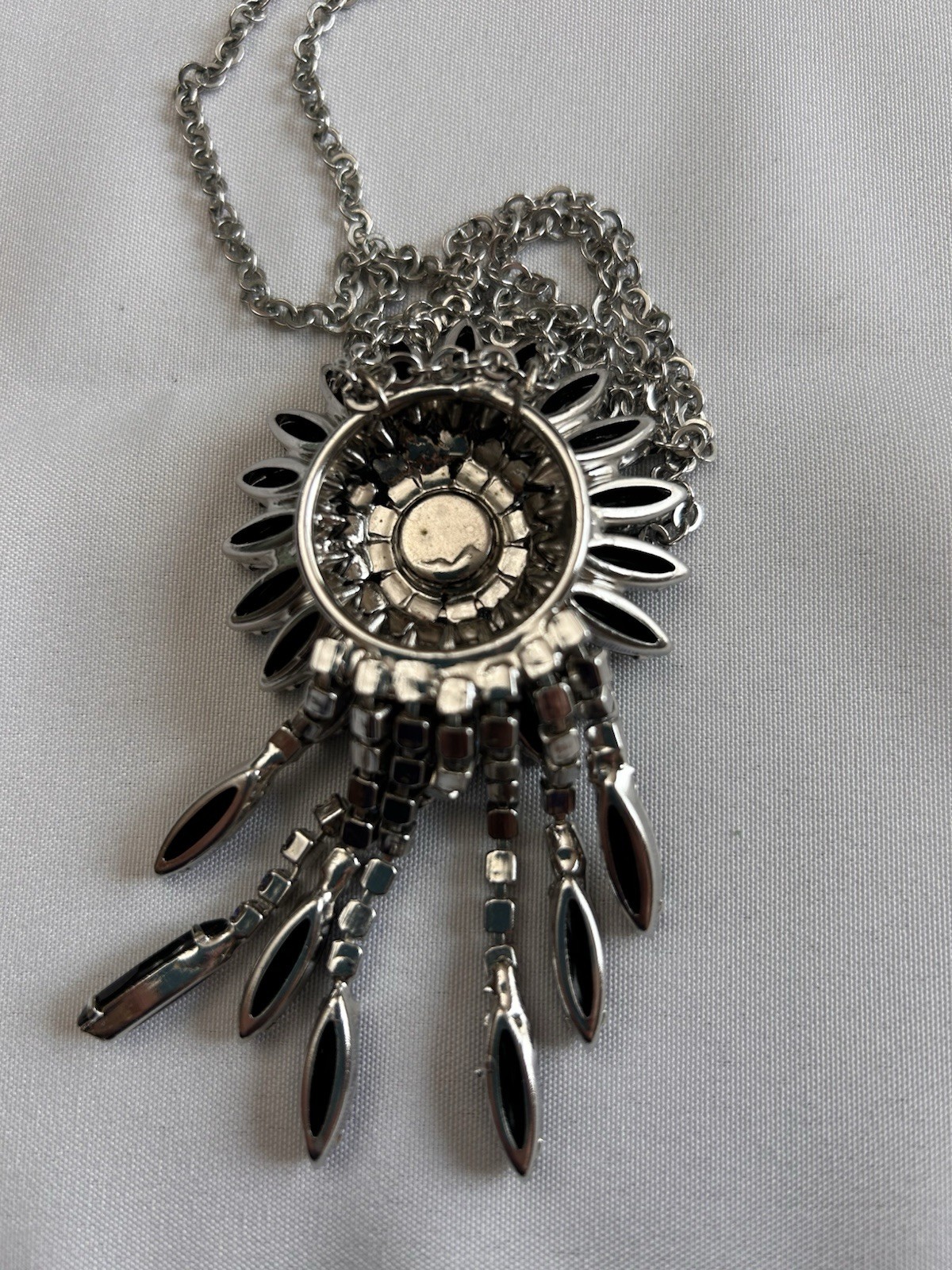 Silver Plated Cable Chain Necklace Black Flower Charm Pendant Clear Crystal