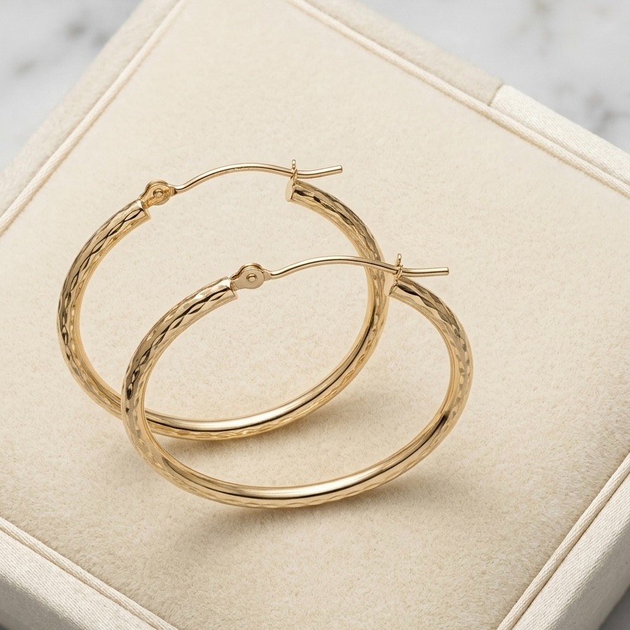 10K Yellow Gold Diamond Cut Hoop Earrings 30mm x 2mm Sparkling Everyday Hoops