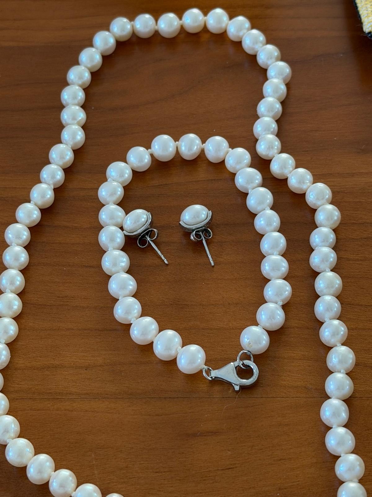 3 pcs necklace necklace, bracelet stud earrings cultured pearl with silver lobster clasp