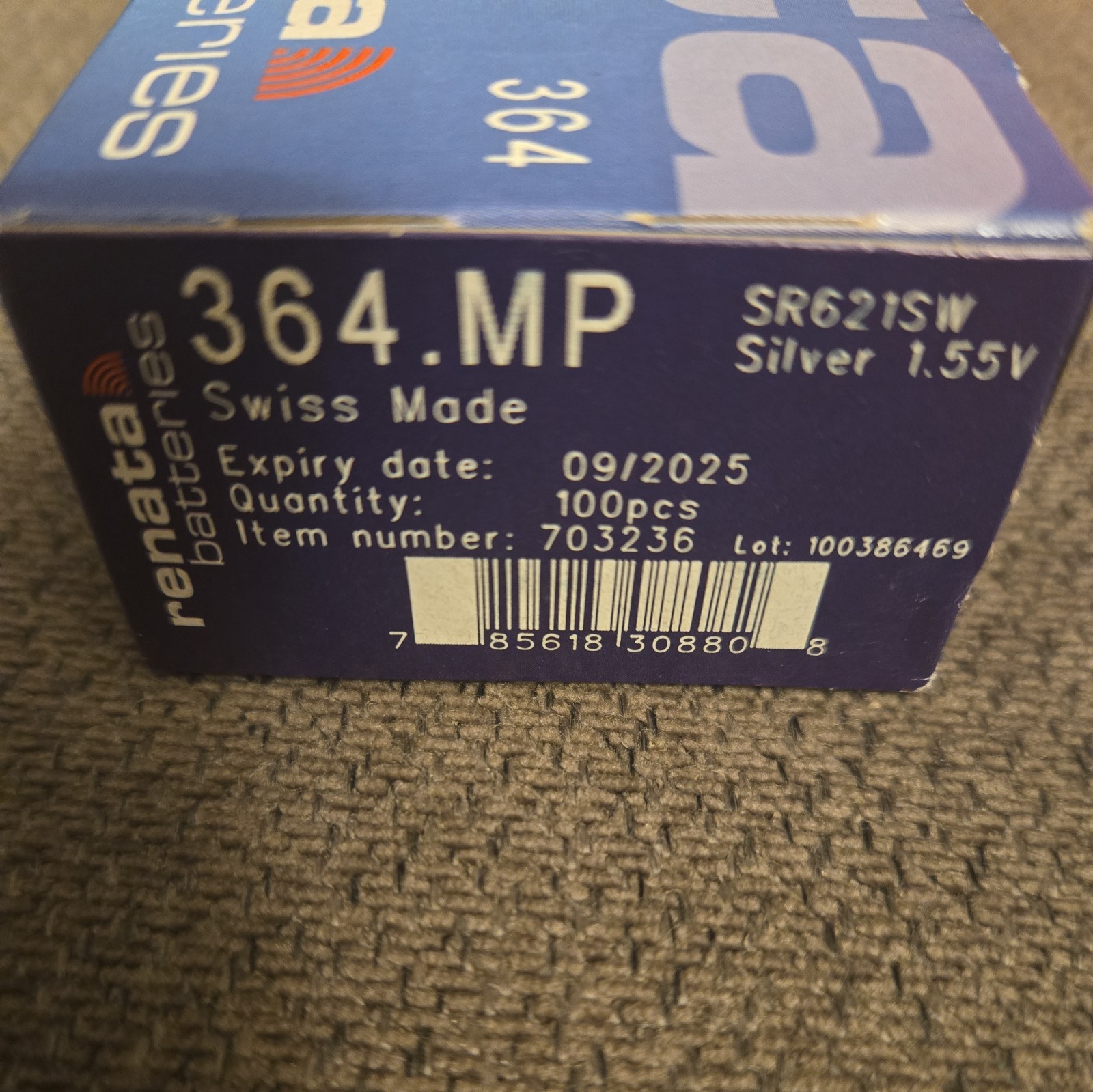 Renata 364 SR621SW 1.55V Silver Oxide Battery-Box of 100 W/TRACKING Exp.09/2025