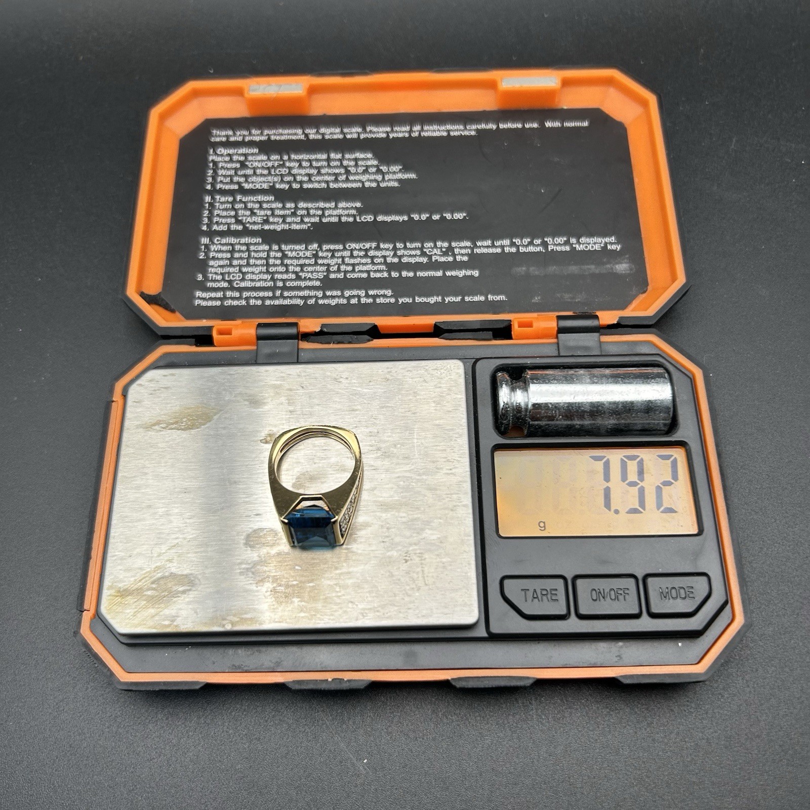 Vintage 14K Yellow Gold Emerald Cut Blue Topaz Pave Diamond Cocktail Ring Size 6