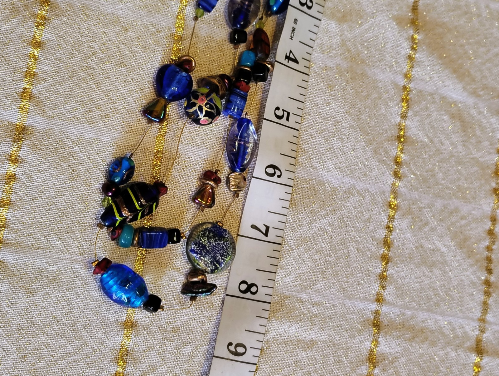 Chico’s Signed Blue & Gold Glass Beaded Necklace Adjustable Cable Chain Lobster