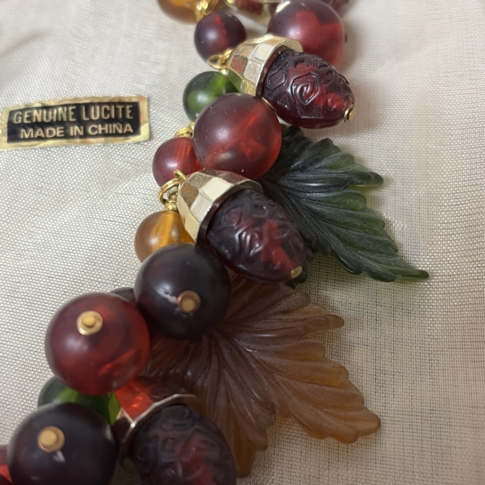 Vtg NWT Lucite Necklace Red Green Orange Brown Necklace Autumn Fall Leaves Acorn