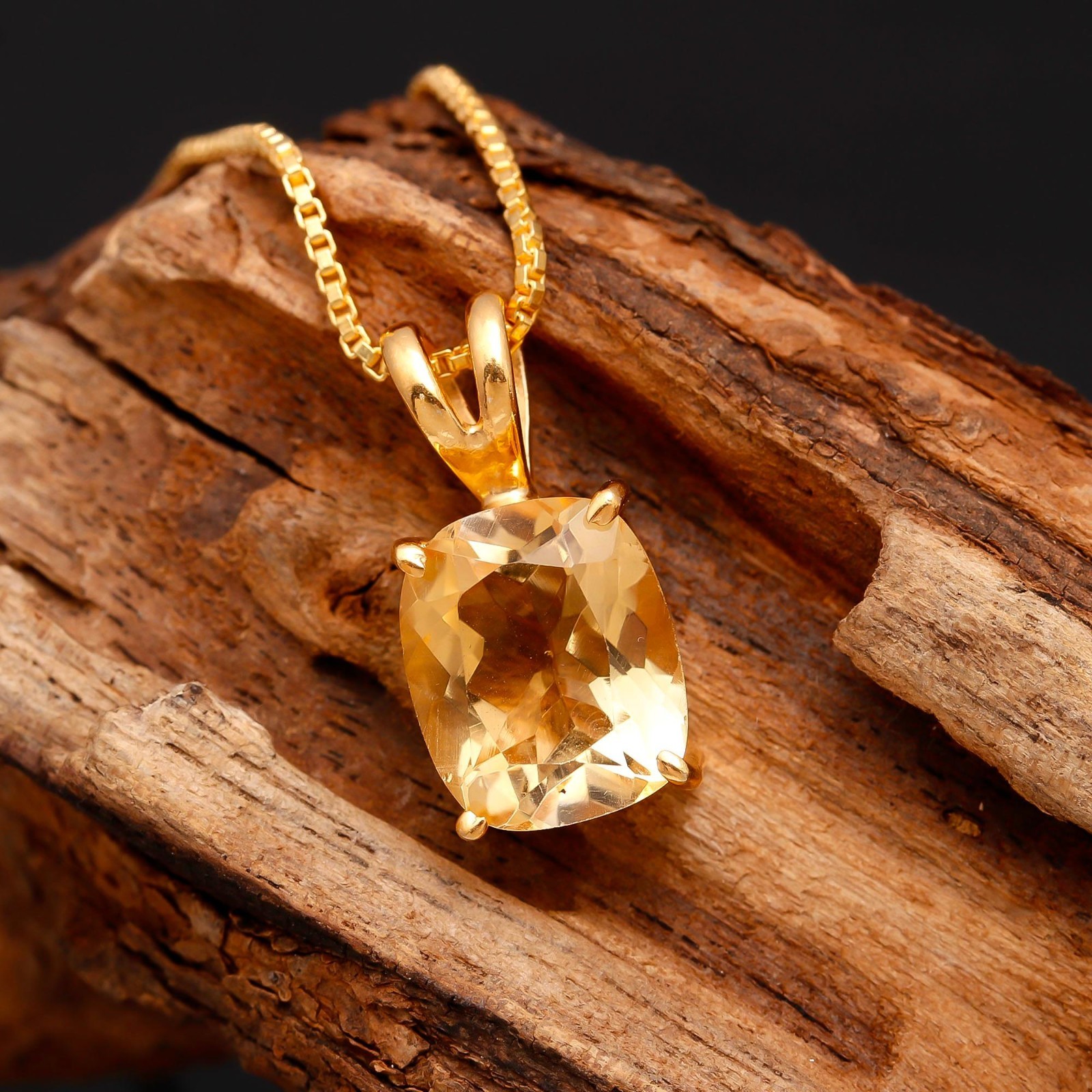 Natural Citrine Quartz Cushion Necklace Gold Fill 925 Sterling Silver Jewelry