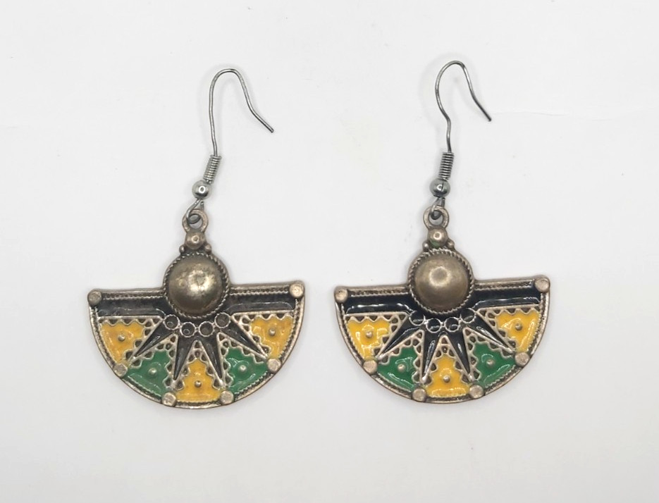Vintage Moroccan Berber Enamel Fan Drop Earrings Tribal Silver Tone Yellow Green
