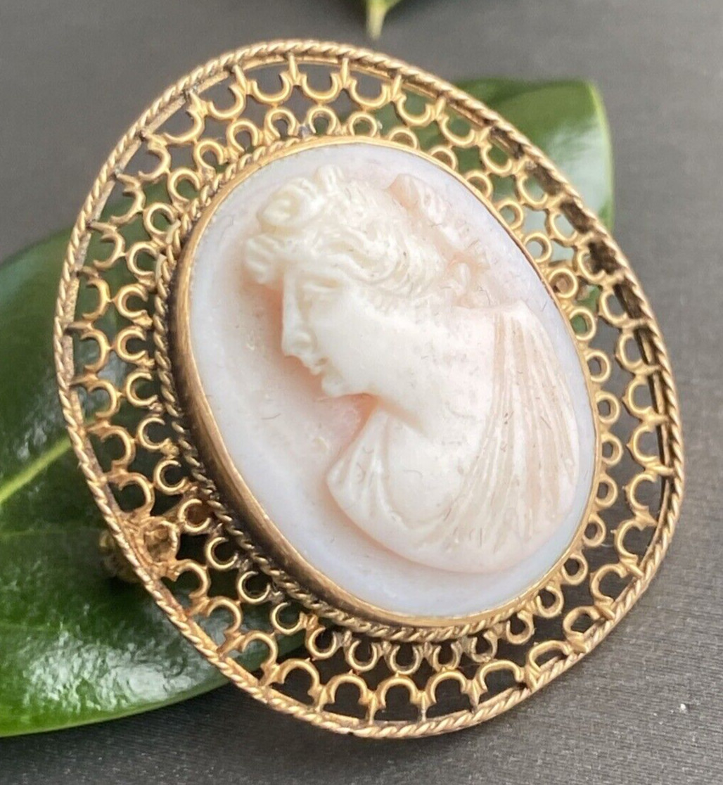 14K Yellow Gold Coral Cameo Brooch Antique Goddess Beauty Profile Fine Jewelry